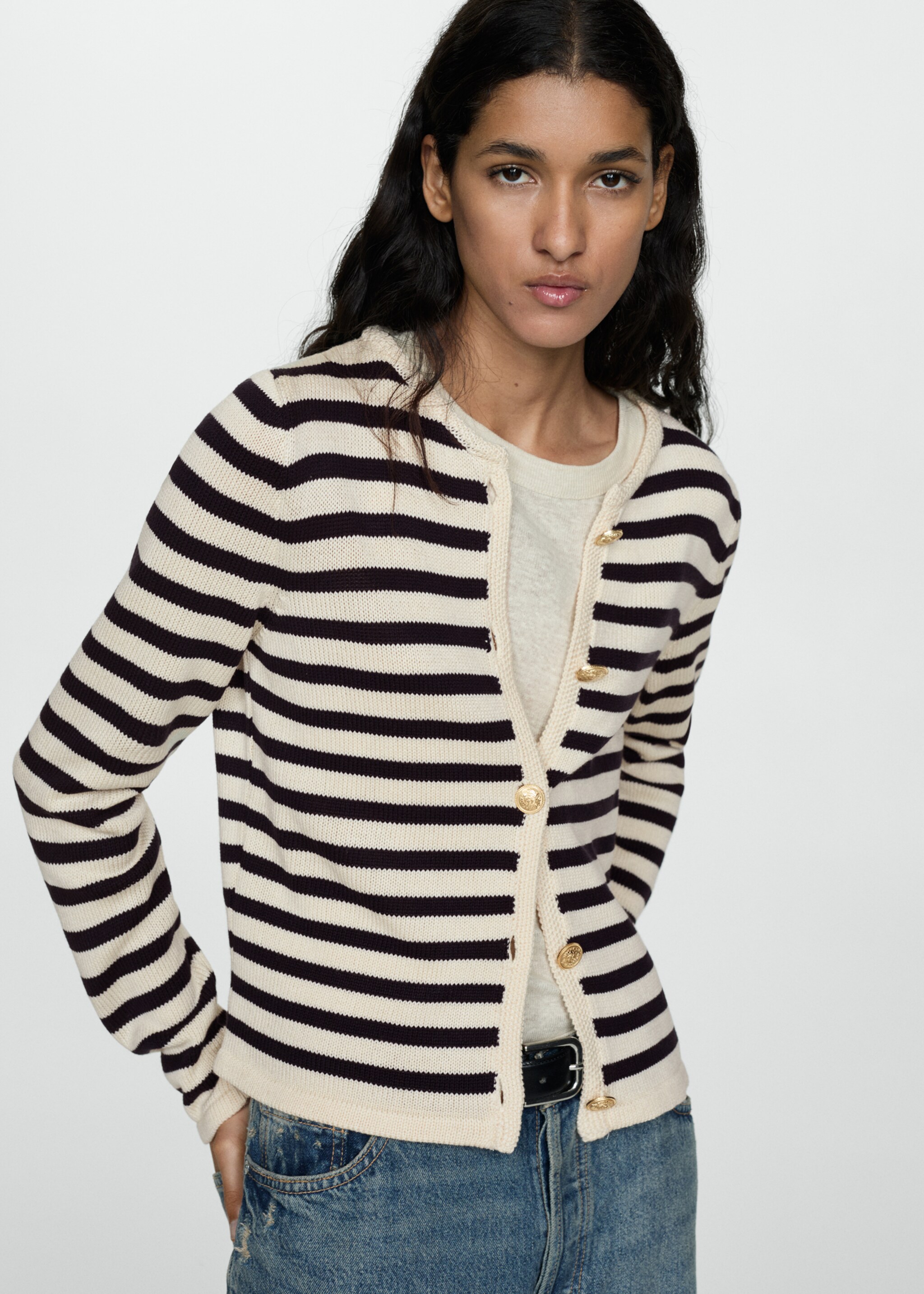 Knitted cardigan with jewel button - Medium plane, Dark Navy. Ref: 77080389-00.