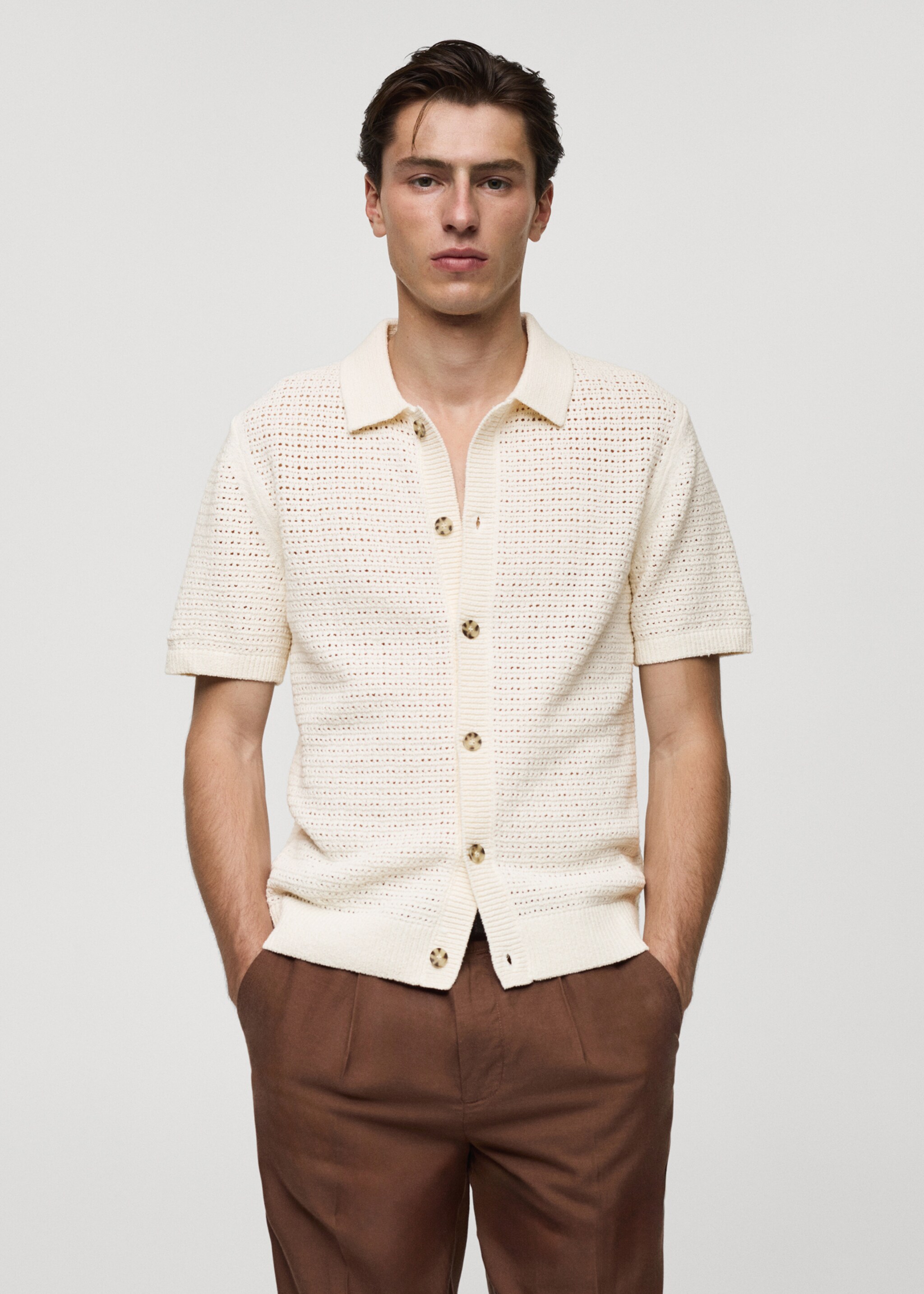 Openwork knit polo with buttons - Medium plane, Off White. Ref: 77080644-00.