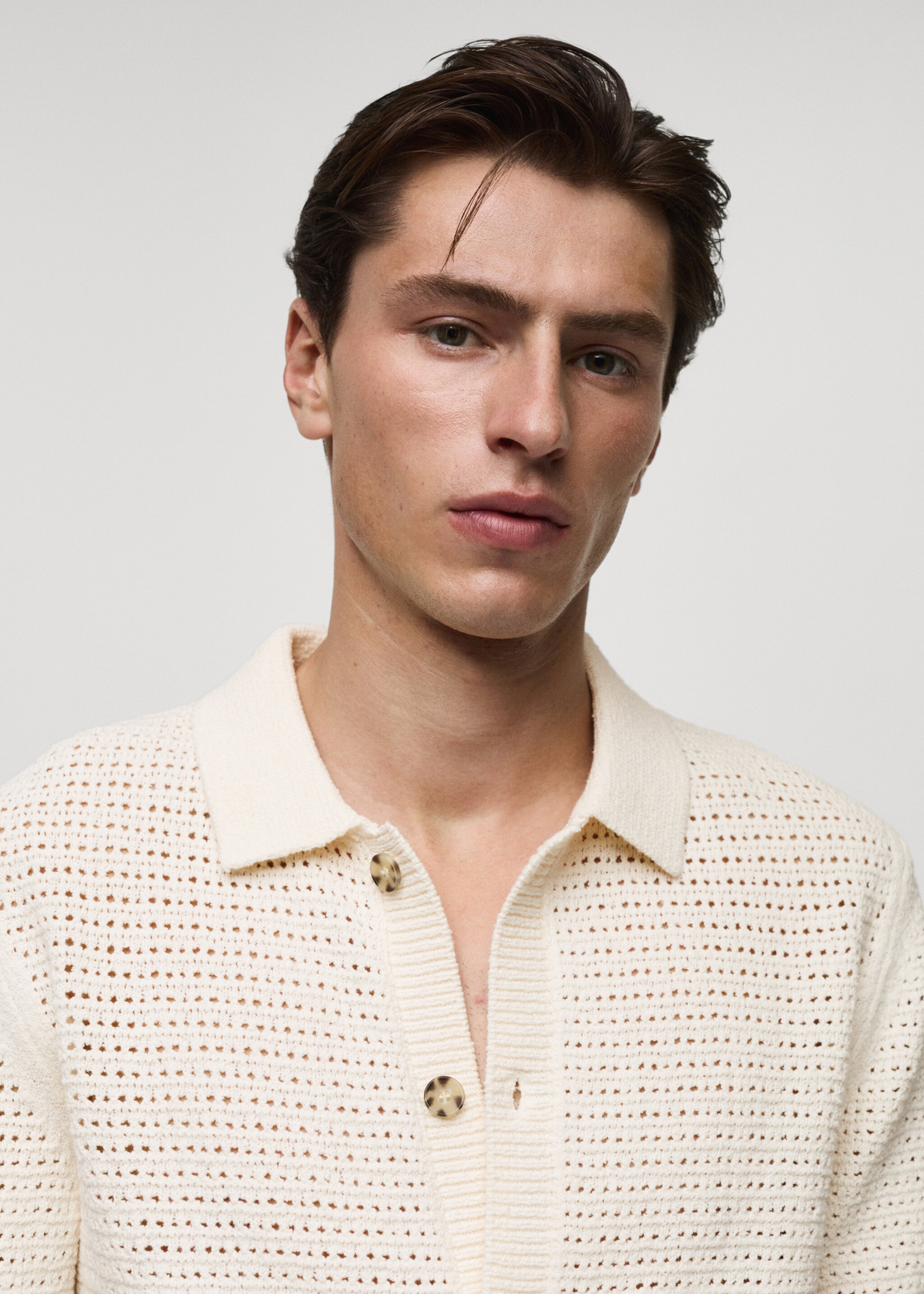 Openwork knit polo with buttons - Details of the article 1, Off White. Ref: 77080644-00.