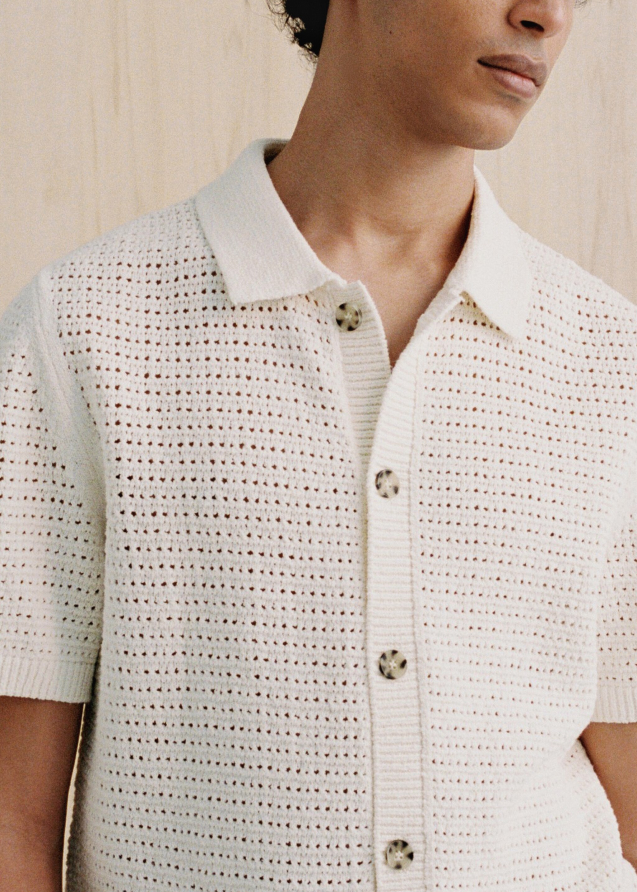 Openwork knit polo with buttons - Details of the article 3, Off White. Ref: 77080644-00.