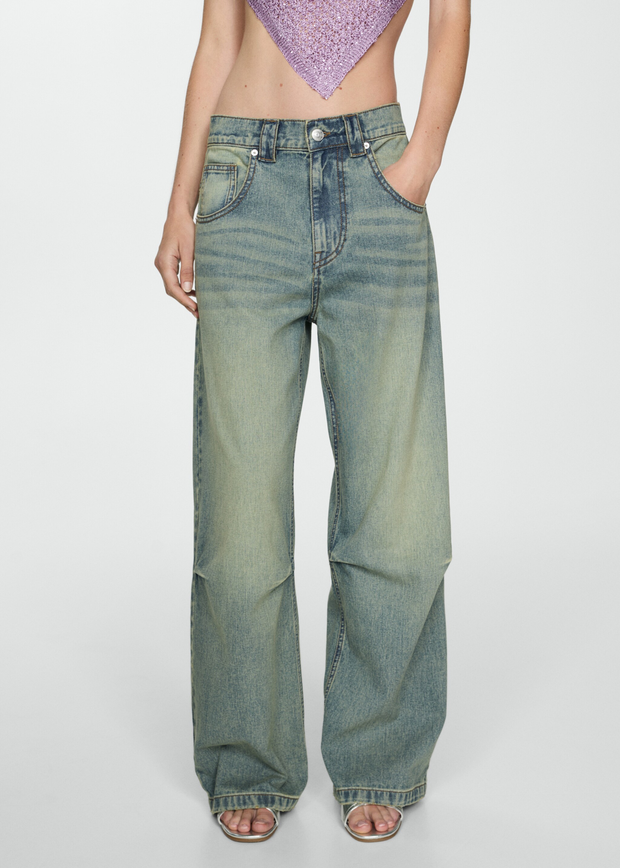 Wideleg pleated jeans with low waist - Medium plane, Blue. Ref: 77081505-00.