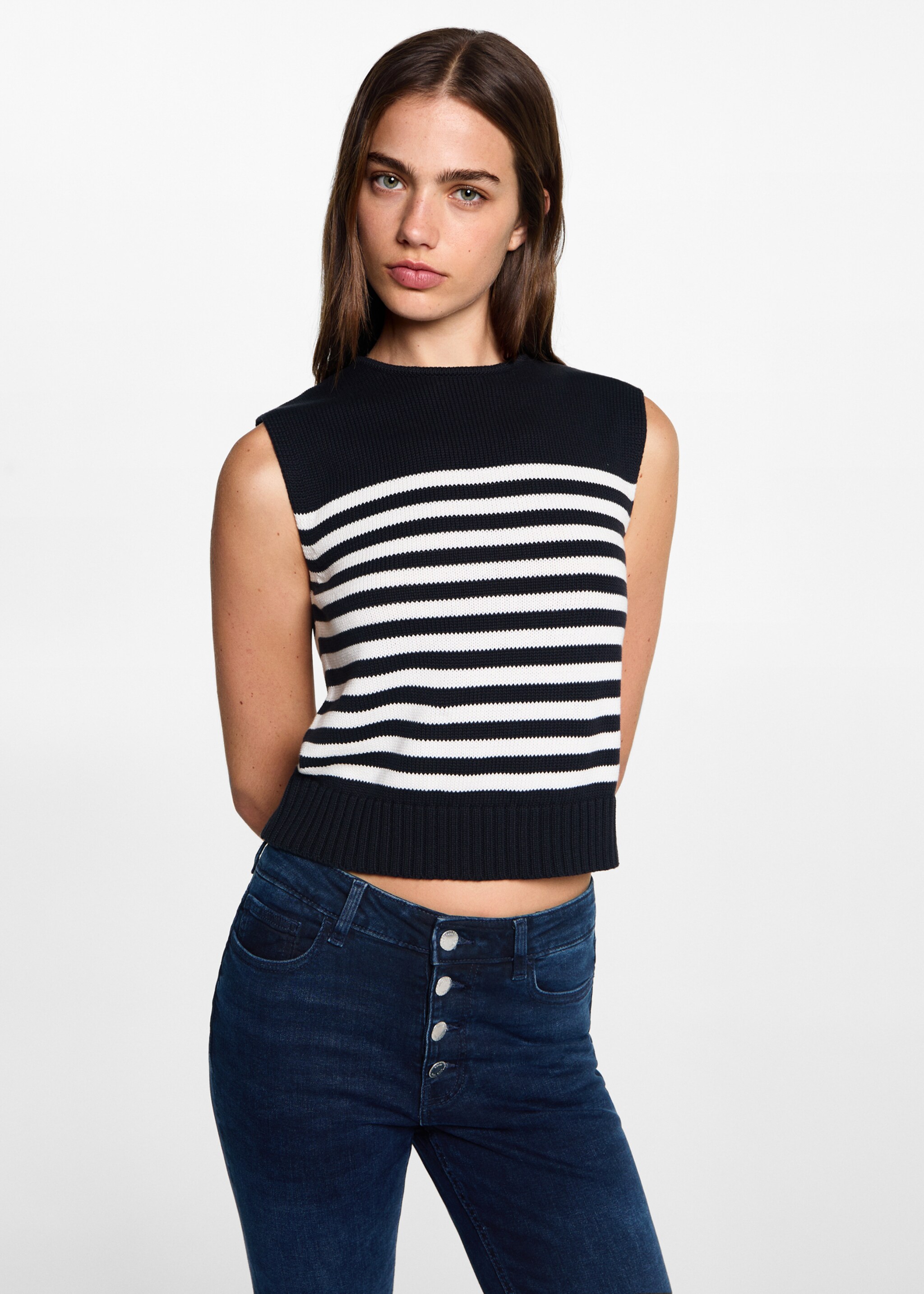 Gestreept gebreid vest - Middenvlak, Donkermarine. Ref: 77082931-00.