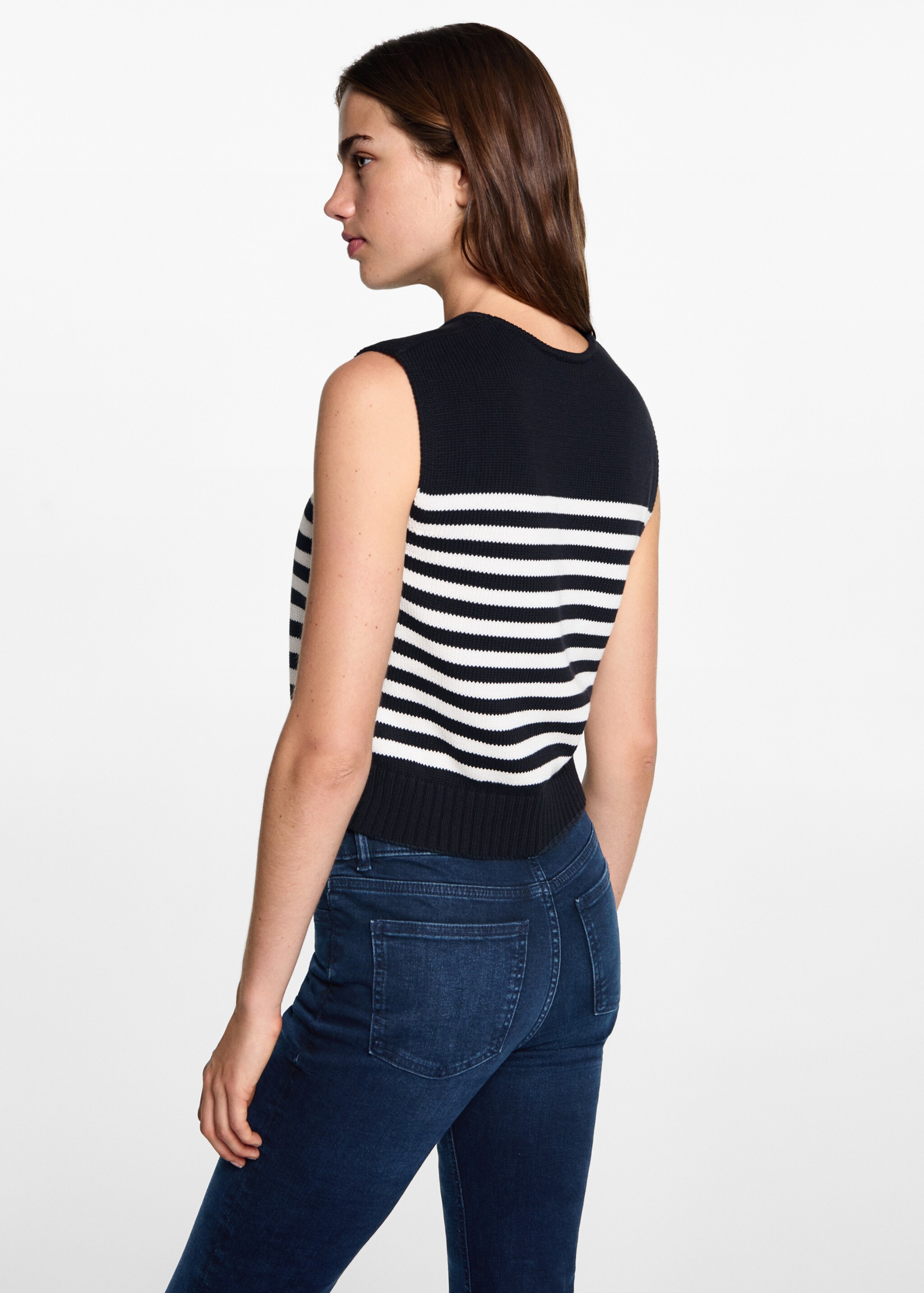 Gestreept gebreid vest - Achterkant van het artikel, Donkermarine. Ref: 77082931-00.