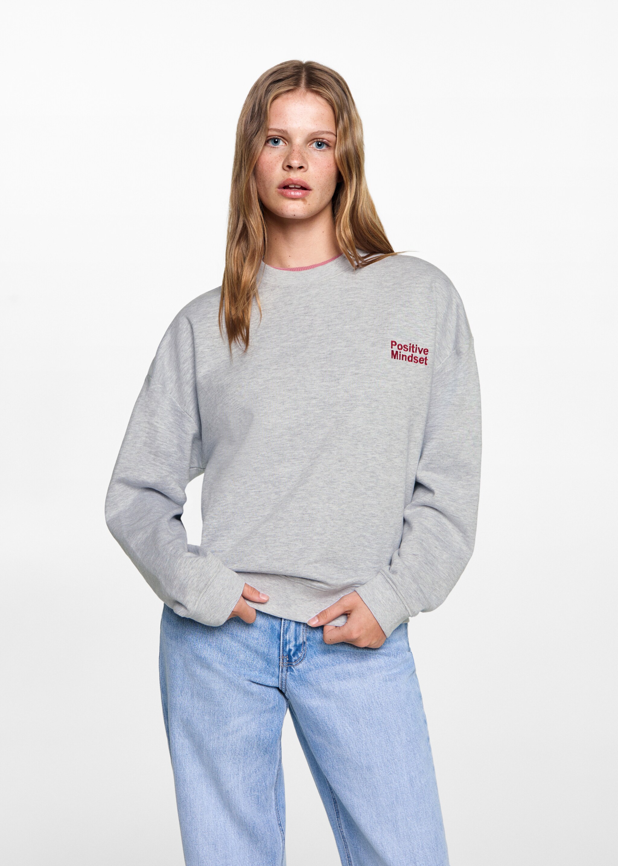 Embroidered detail cotton sweatshirt - Medium plane, Light Heather Grey. Ref: 77084447-00.