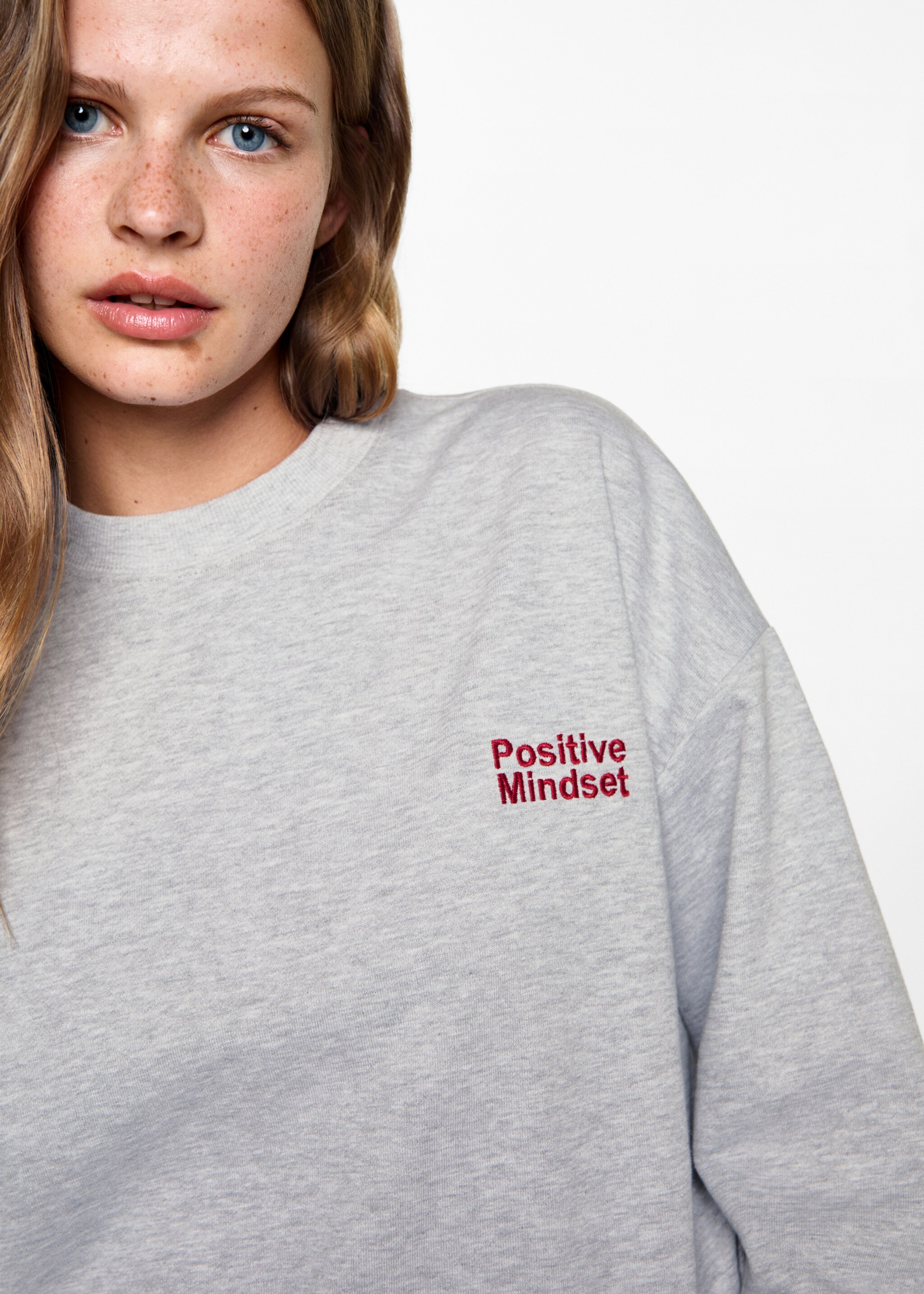 Embroidered detail cotton sweatshirt - Details of the article 1, Light Heather Grey. Ref: 77084447-00.