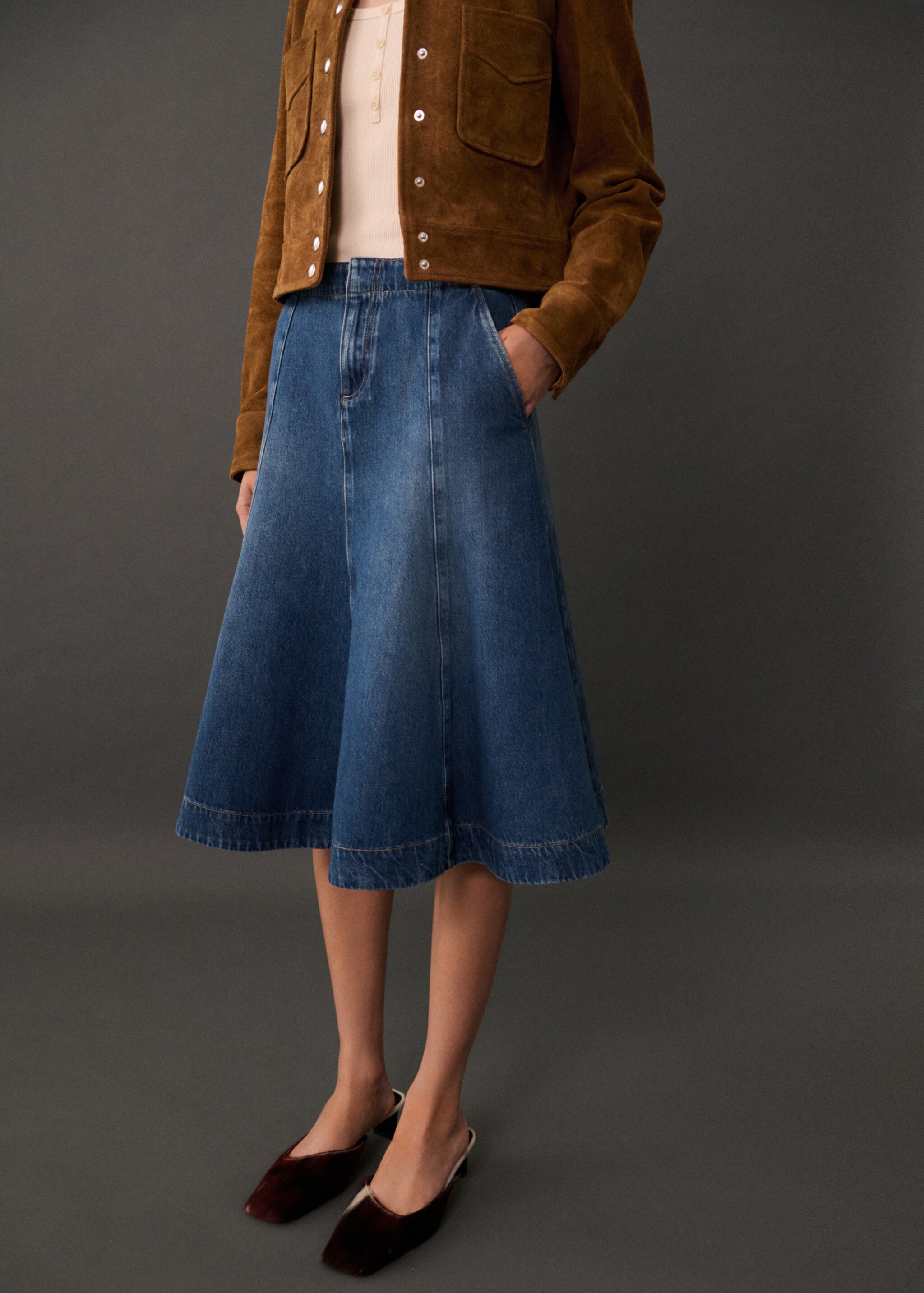 Φούστα denim ραφές αντίθεση - Μεσαίο πλάνο, Μπλε Σκούρο. Ref: 77085665-00.