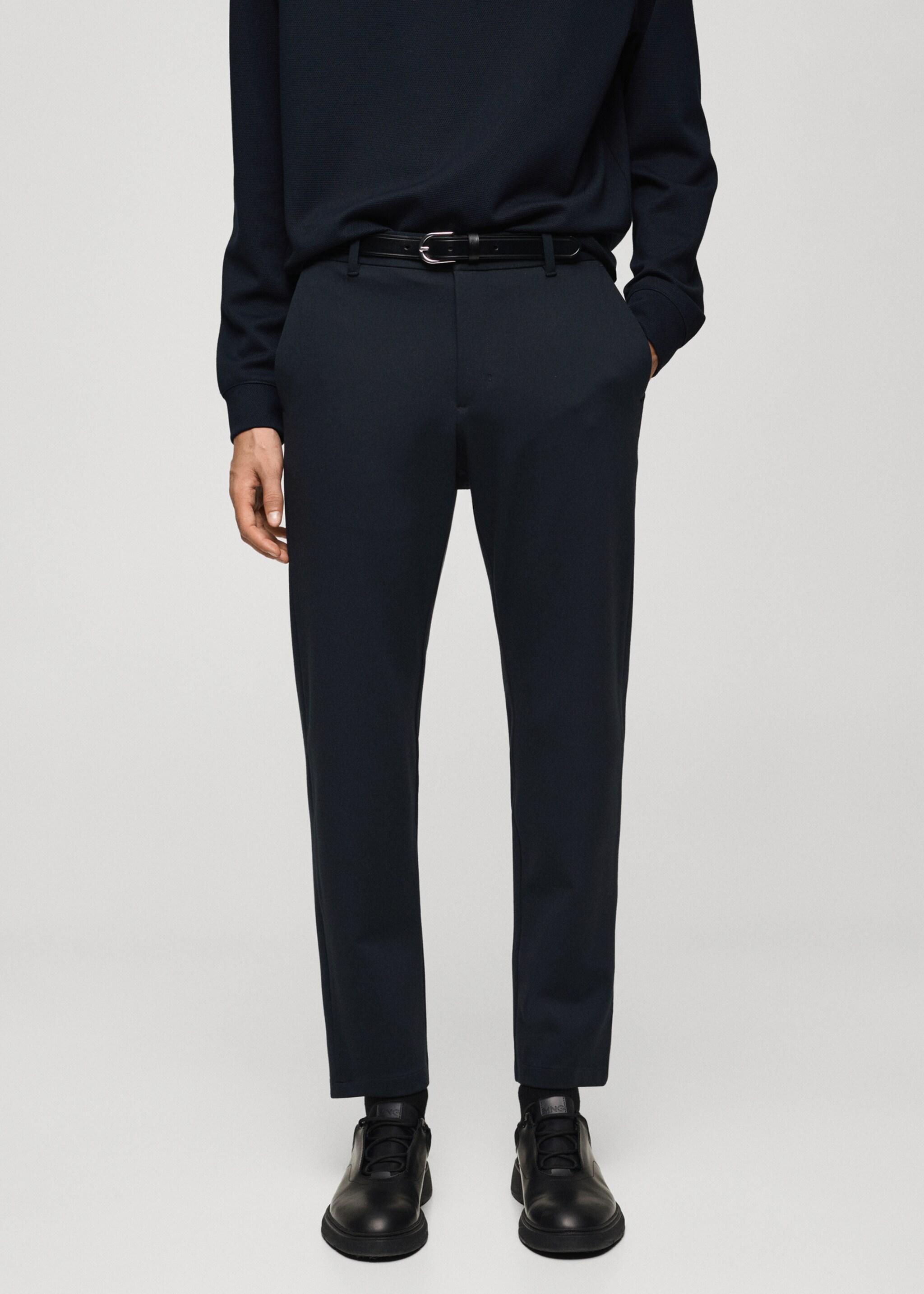 Stretch fabric slim-fit pants with drawstring - Medium plane, Dark Navy. Ref: 77085961-00.