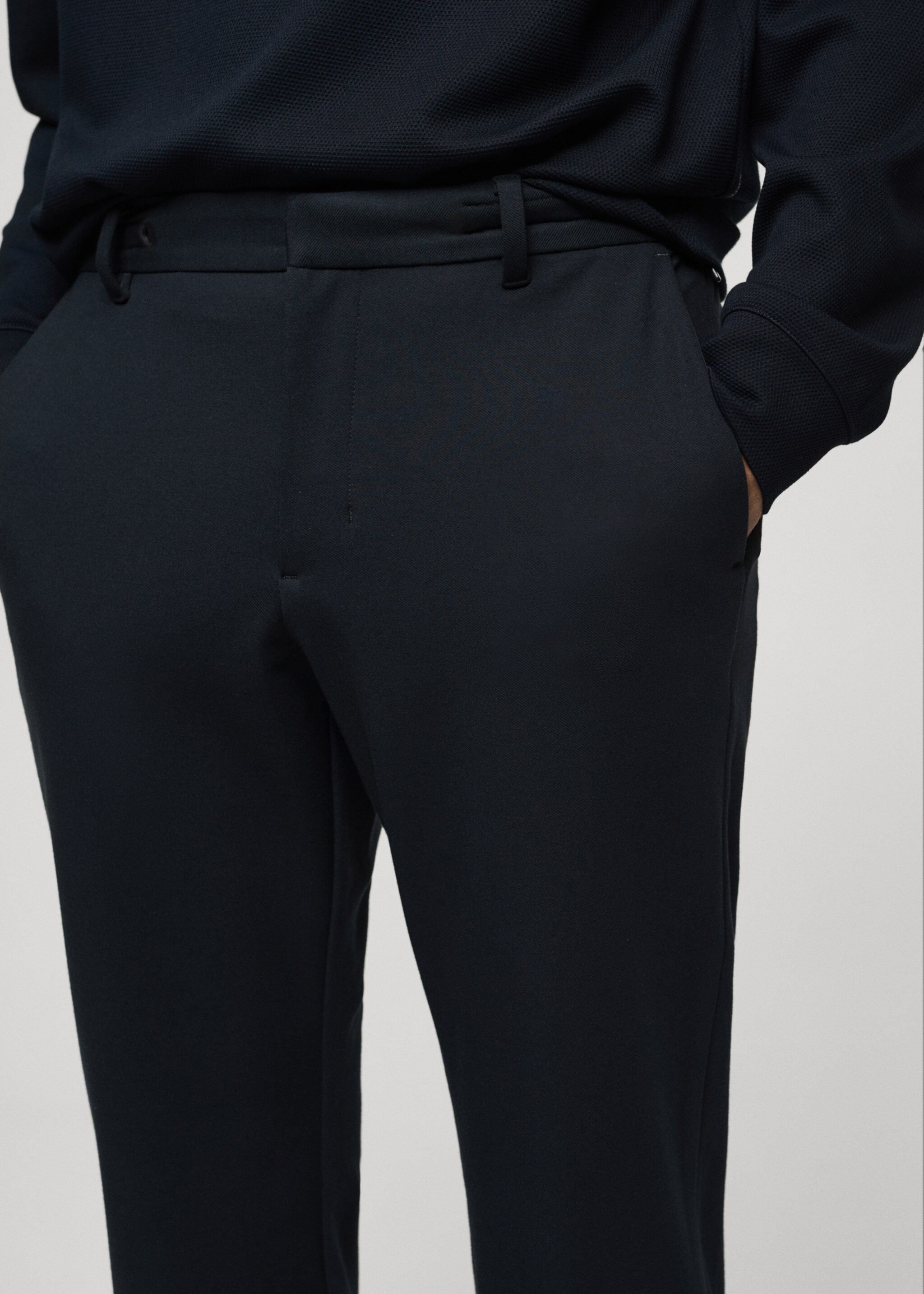 Stretch fabric slim-fit pants with drawstring - Details of the article 1, Dark Navy. Ref: 77085961-00.