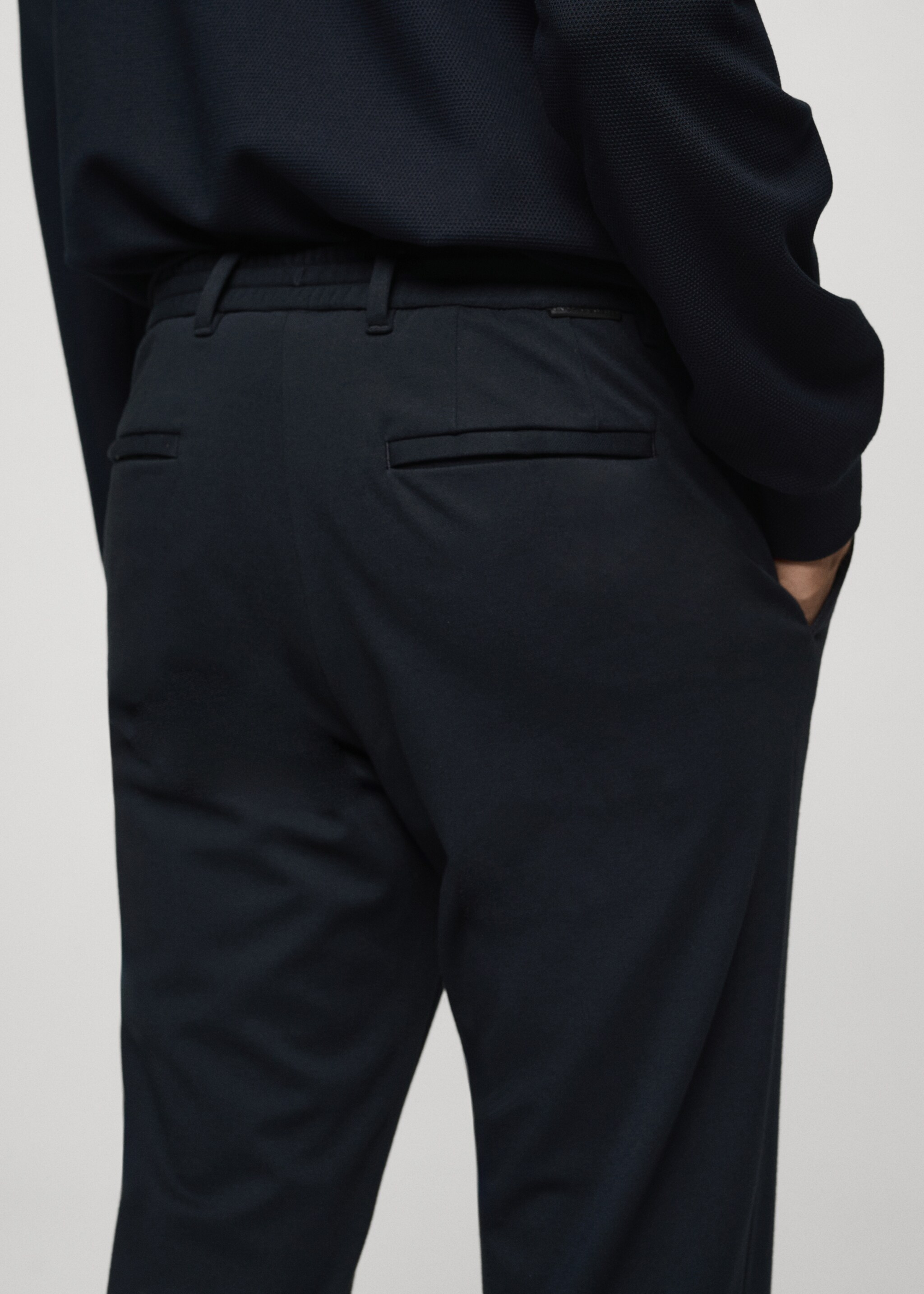Stretch fabric slim-fit pants with drawstring - Details of the article 6, Dark Navy. Ref: 77085961-00.