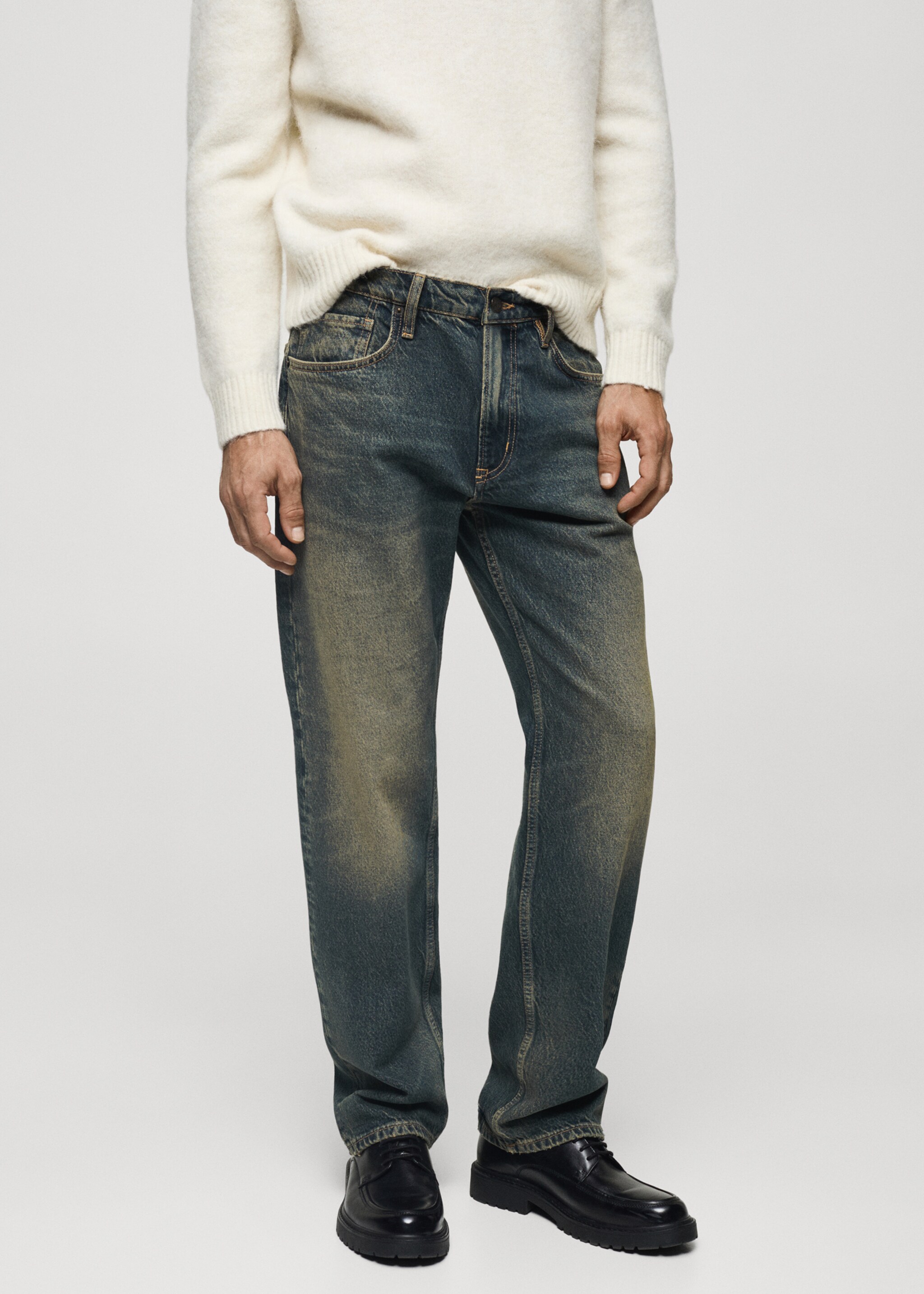 Straight-fit jeans with frayed effect - Medium plane, Mint Green. Ref: 77086002-00.