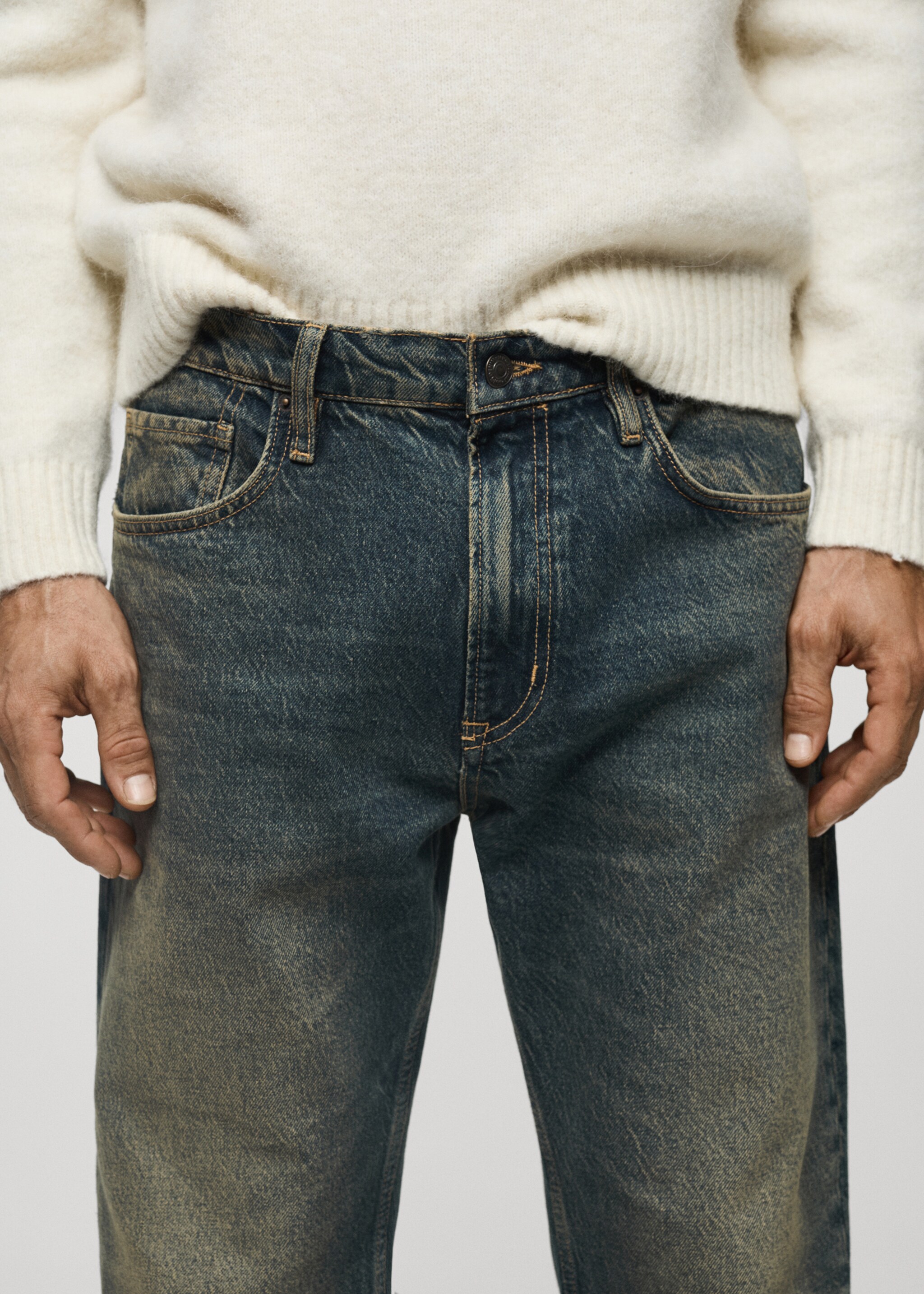 Straight-fit jeans with frayed effect - Details of the article 1, Mint Green. Ref: 77086002-00.