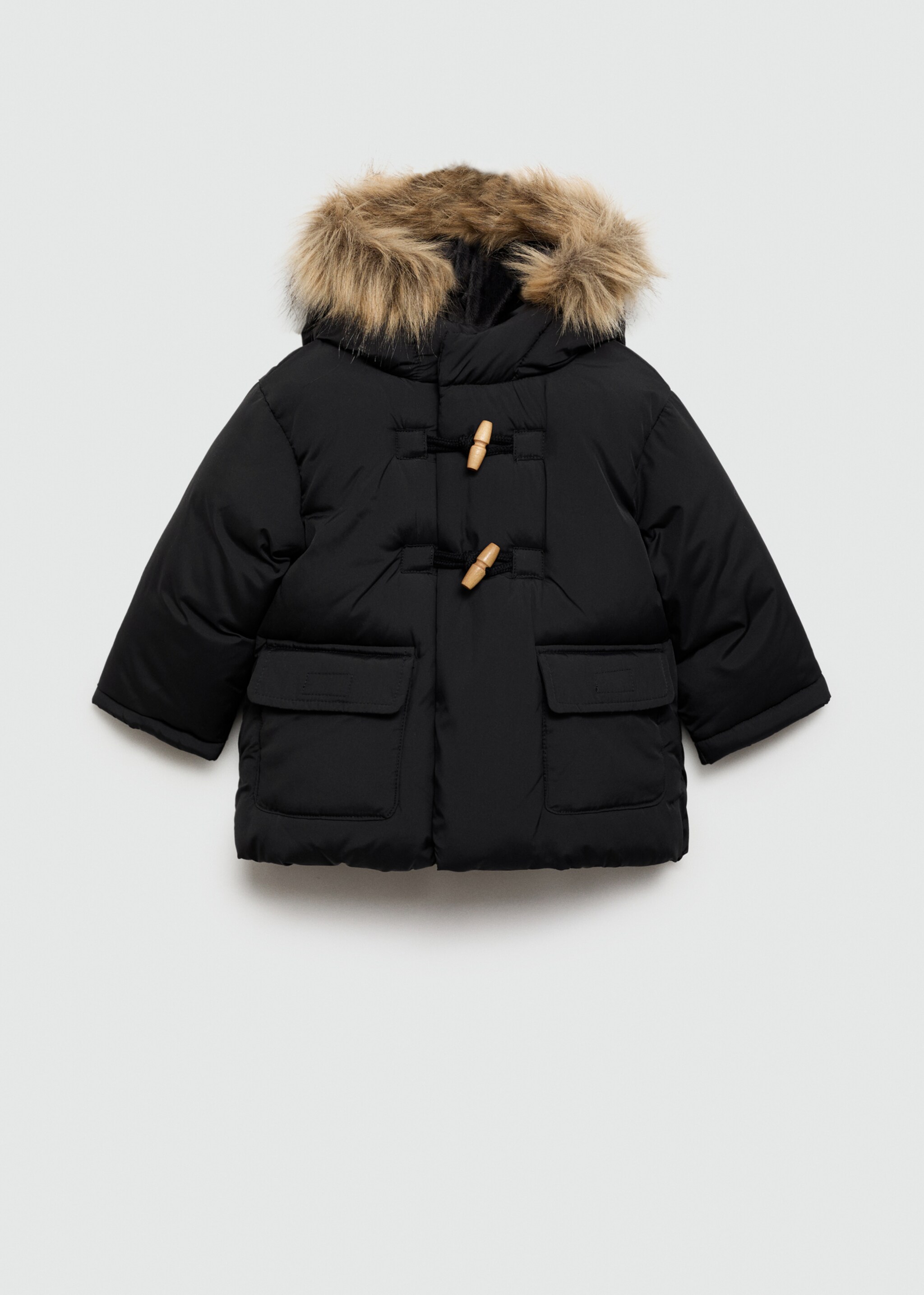 Gewatteerde anorak met capuchon met imitatiebont - Artikel zonder model, Zwart. Ref: 77086336-00.