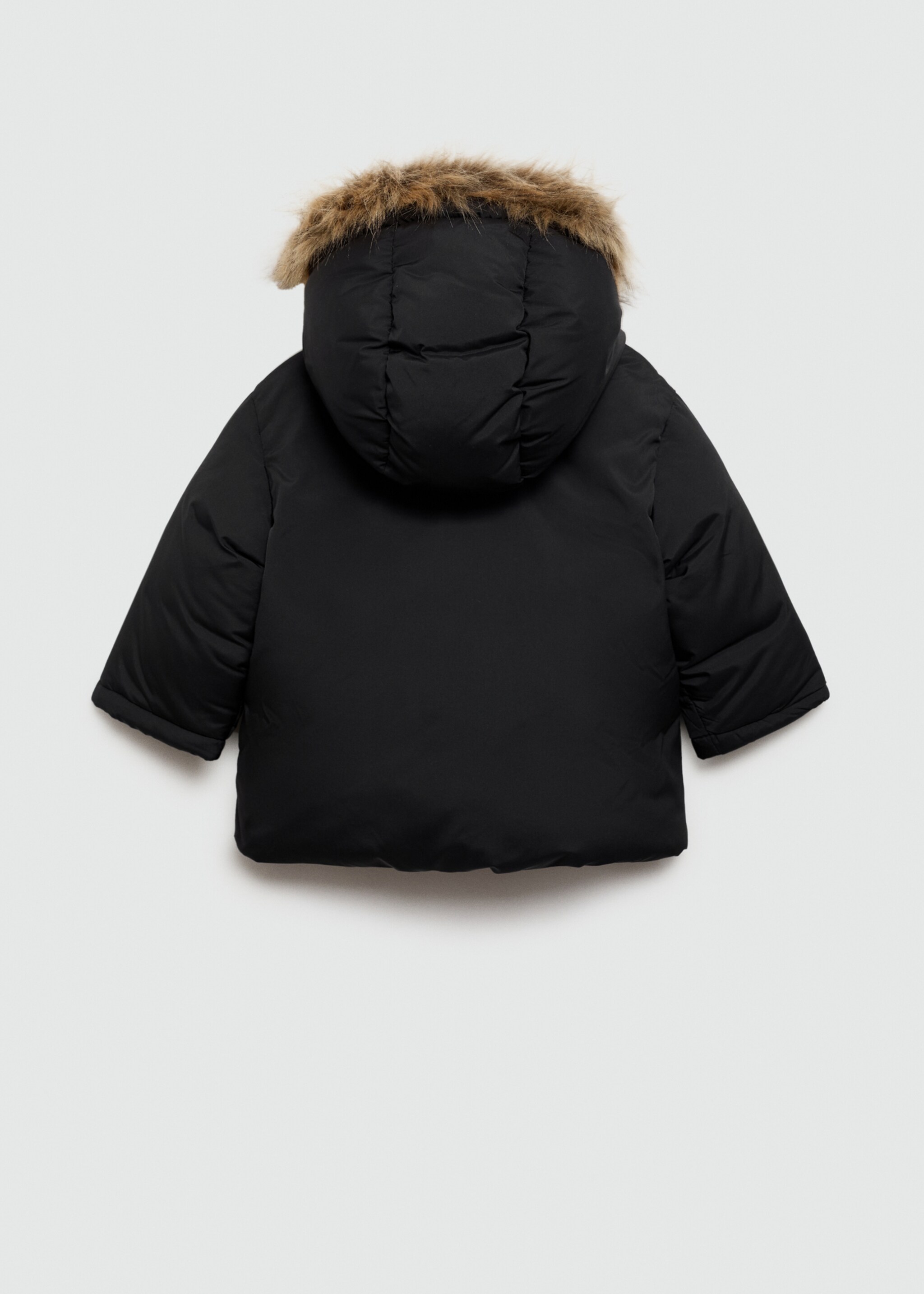 Gewatteerde anorak met capuchon met imitatiebont - Achterkant van het artikel, Zwart. Ref: 77086336-00.