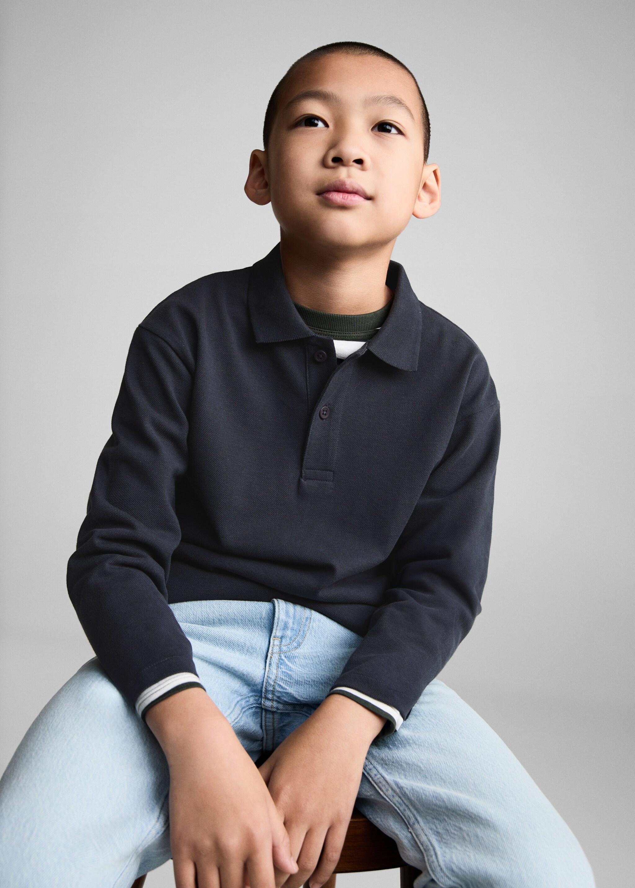 Long sleeves cotton polo - Medium plane, Dark Grey. Ref: 77086339-00.