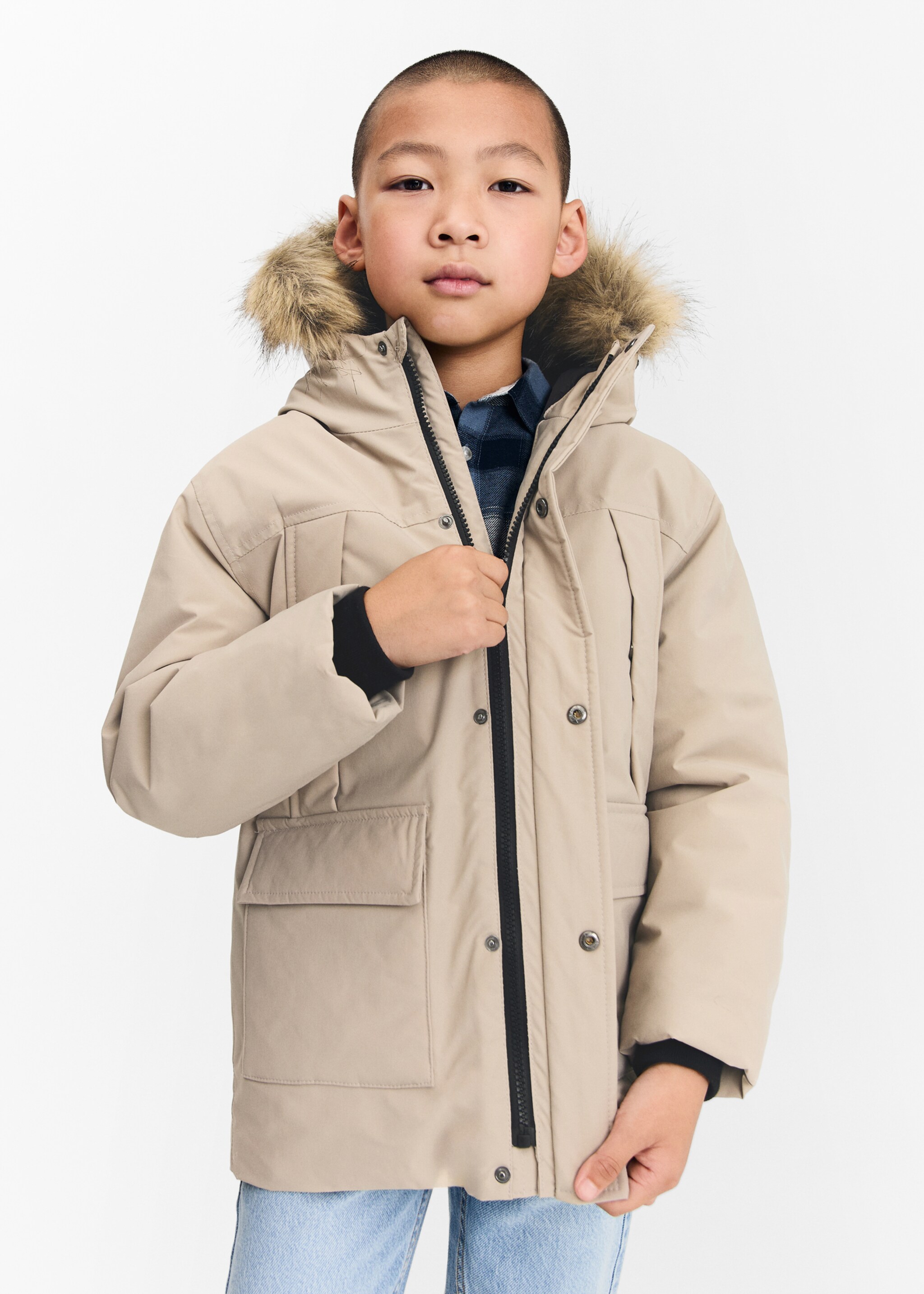 Puffer coat with fur-effect hood - Medium plane, Medium Brown. Ref: 77086344-00.