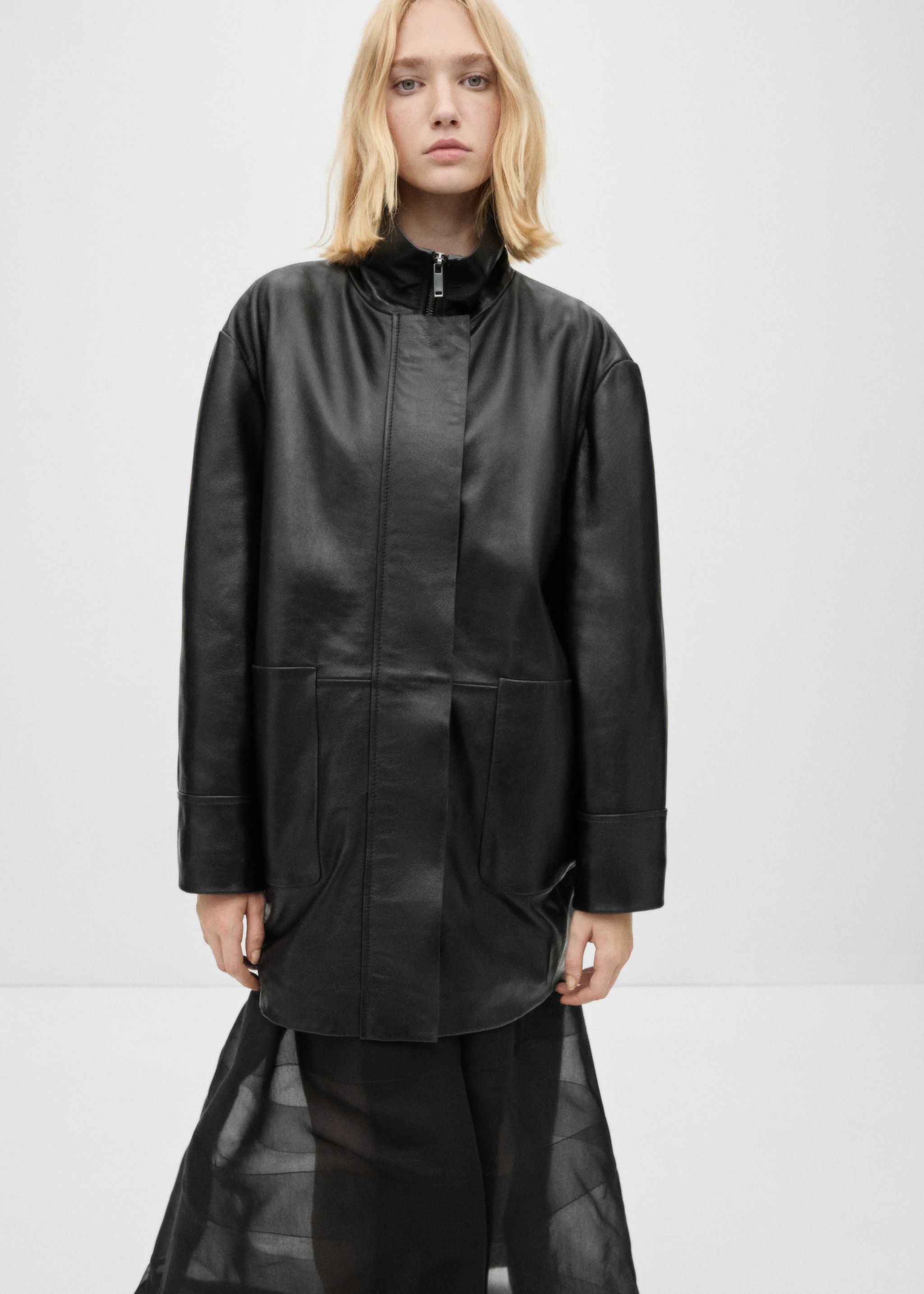 Oversized-Lederjacke - Mittlere Ansicht, Schwarz. Ref: 77086355-00.