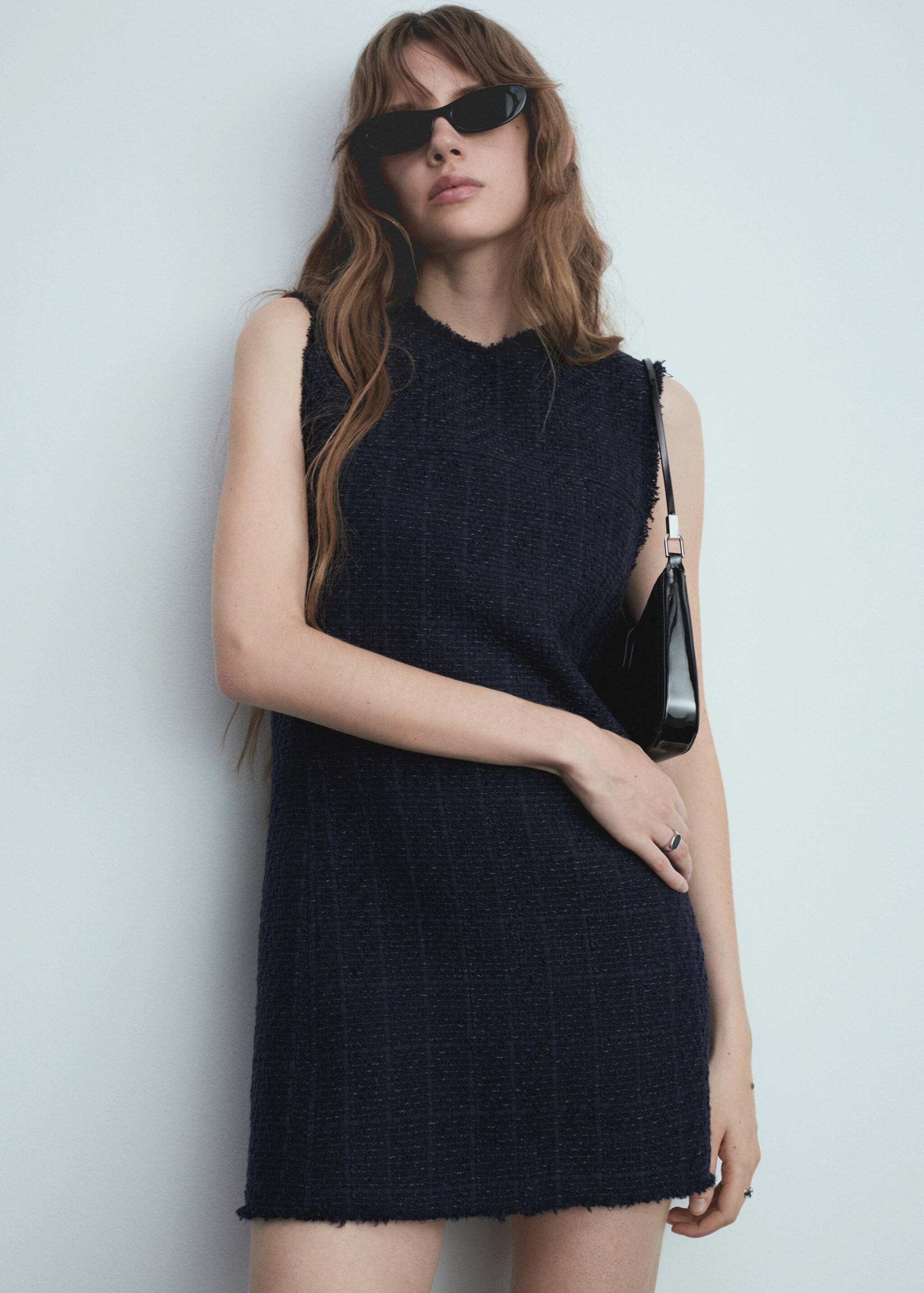 Vestido corto tweed - Plano medio, Azul marino oscuro. Ref: 77086764-00.