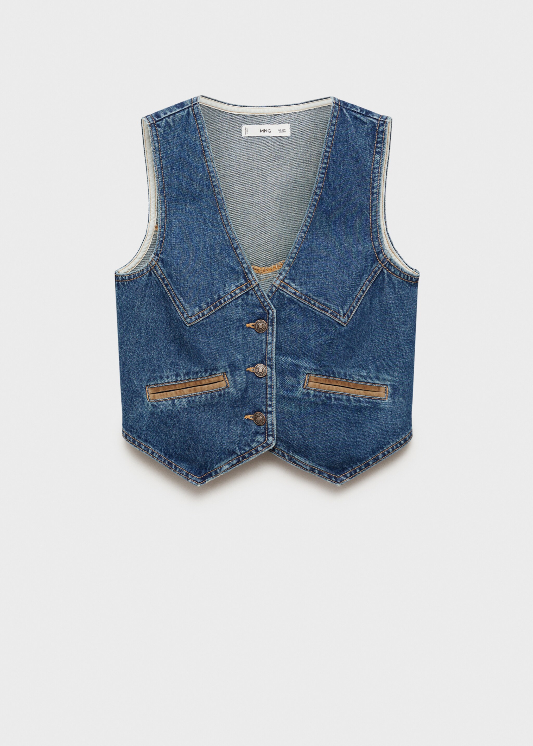 Denim waistcoat with contrast details - Article without model, Dark Blue. Ref: 77087118-00.