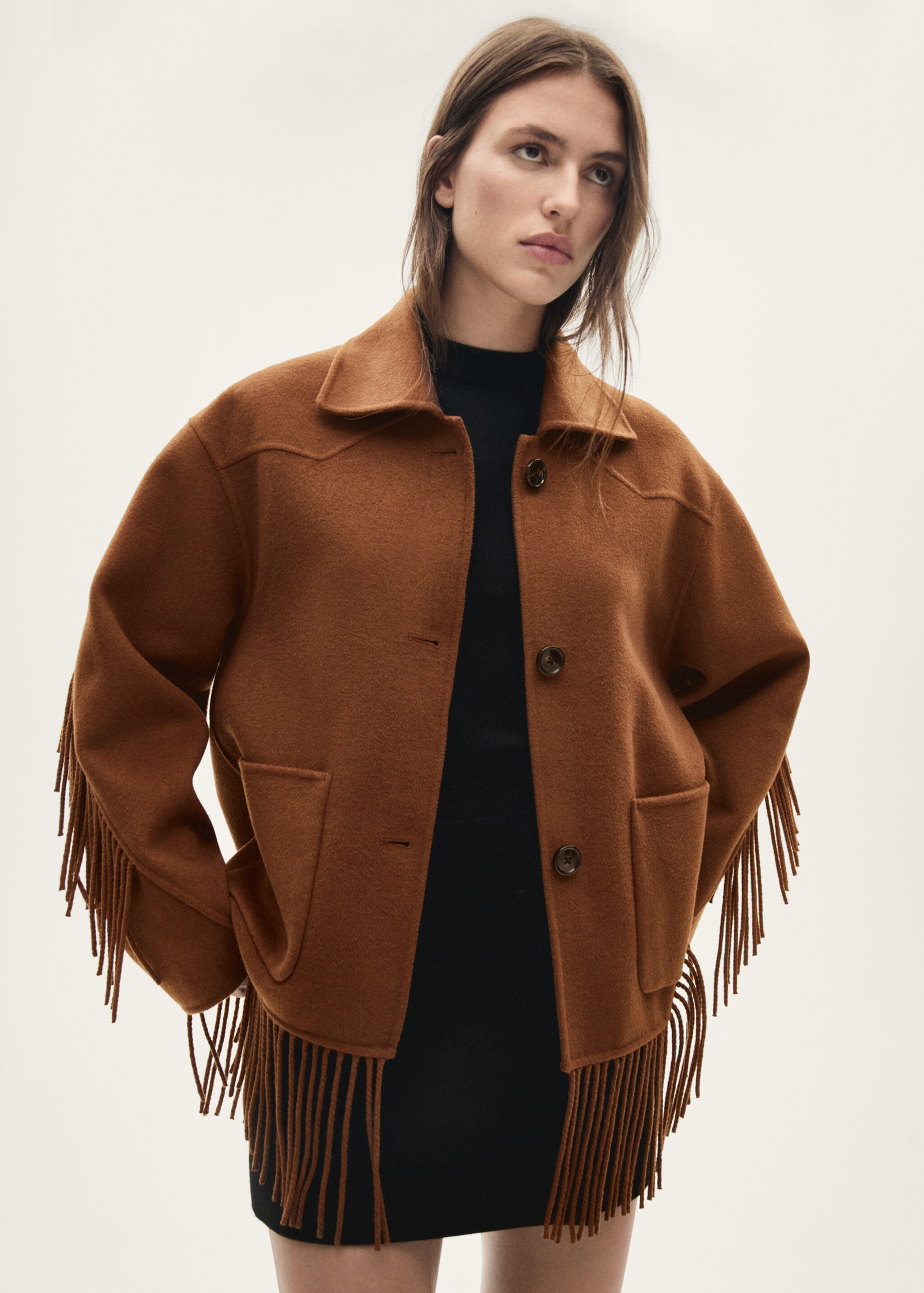 Fringed wool-blend  jacket - Medium plane, Tobacco Brown. Ref: 77087713-00.