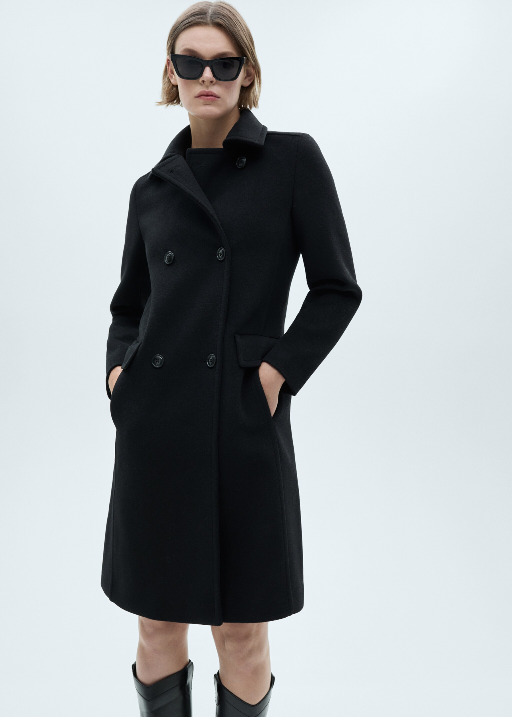 Abrigo mezcla lana doble botonadura - Plano medio, Negro. Ref: 77088268-00.