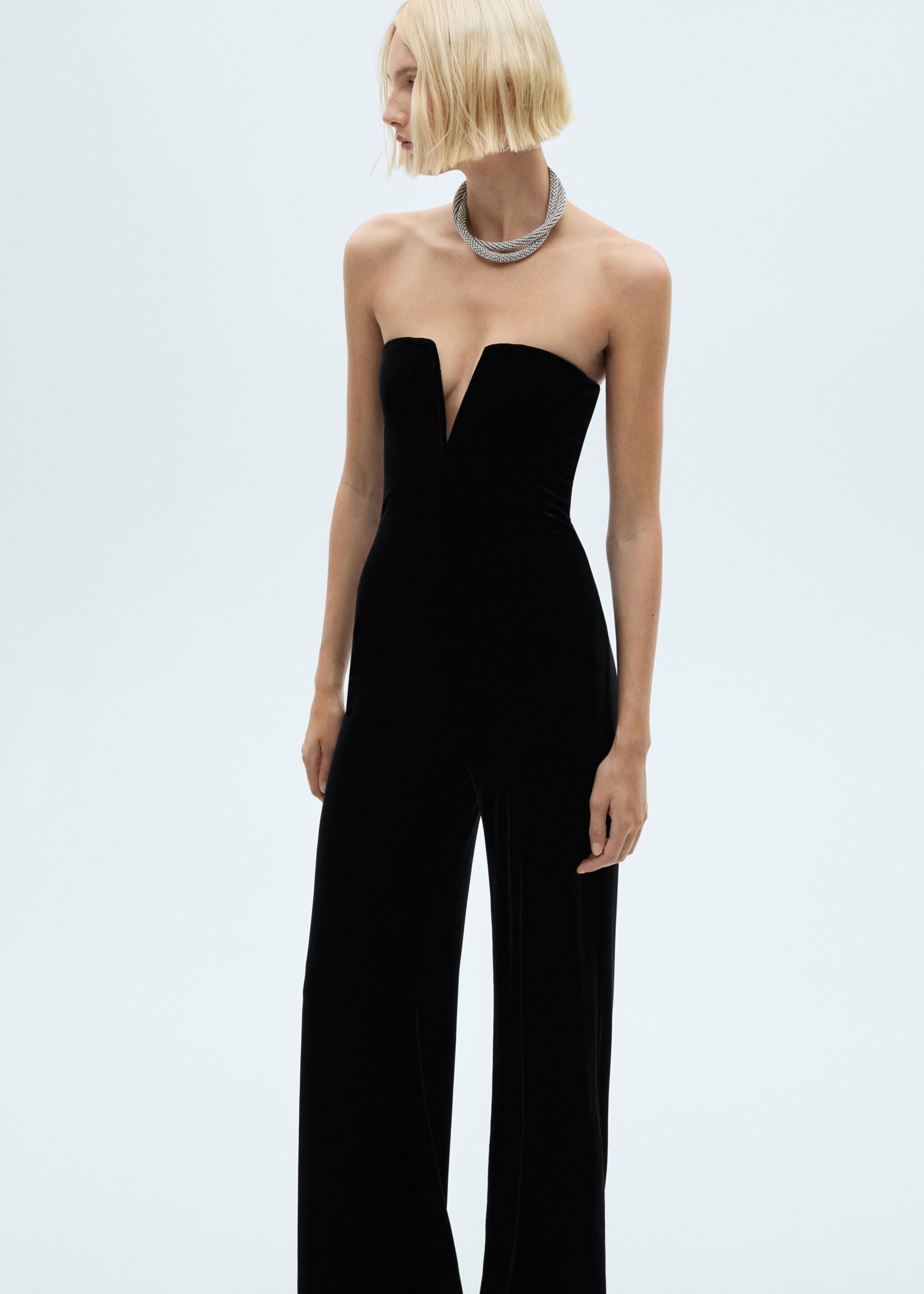 Strapless velvet jumpsuit - Medium plane, Black. Ref: 77089061-00.