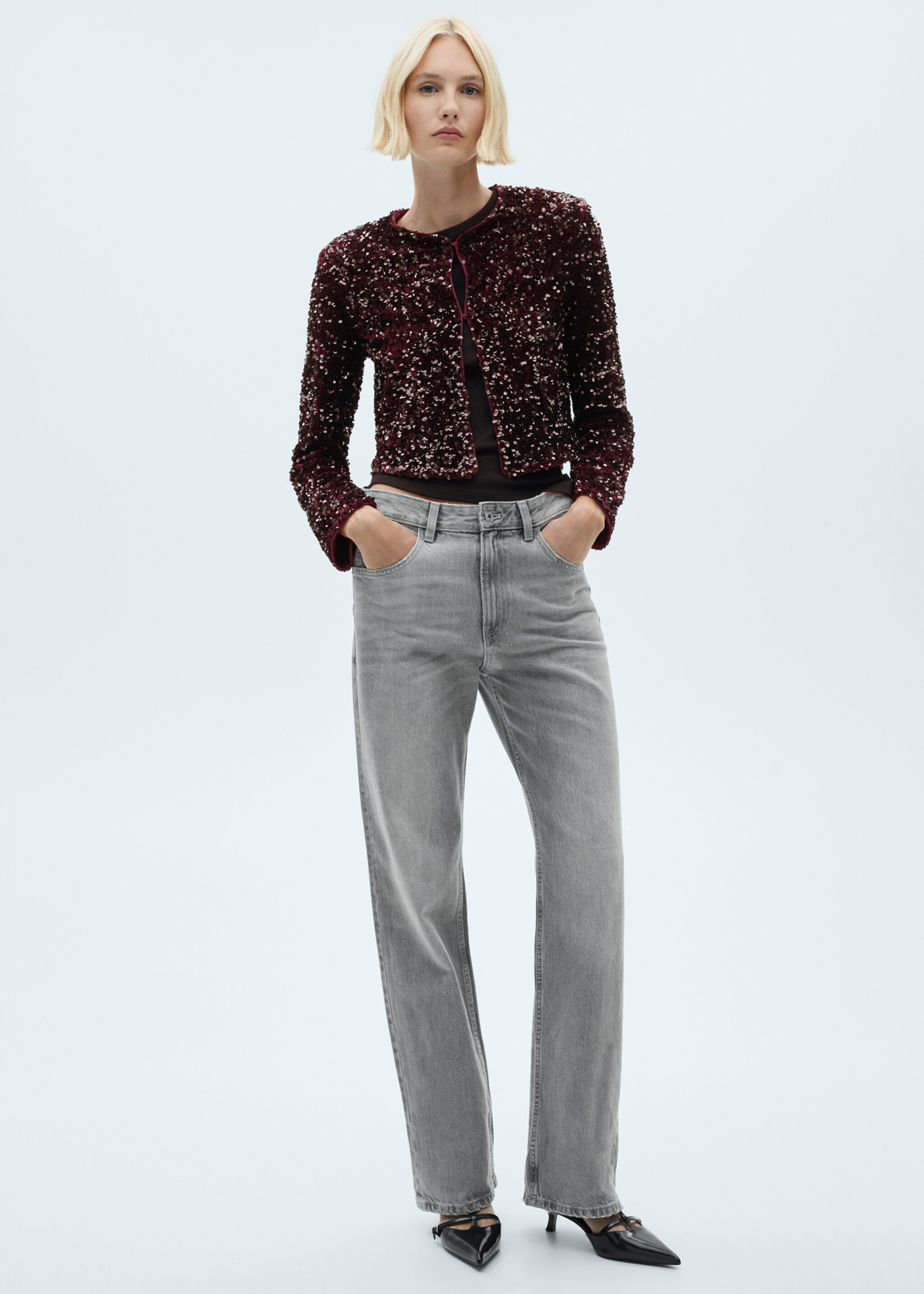 Sequin embroidered jacket - Details of the article 2, Burgundy. Ref: 77089064-00.
