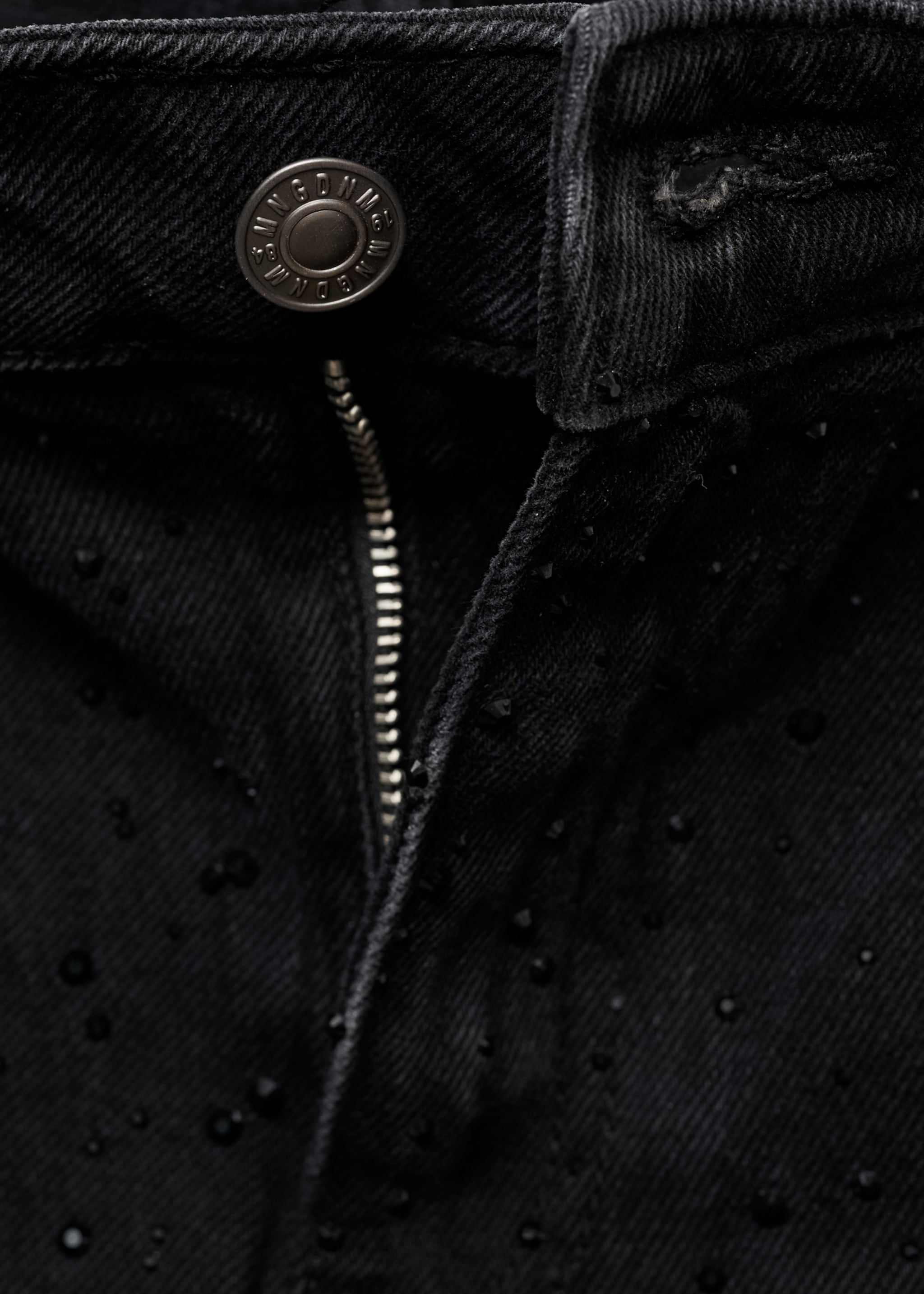 Straight-fit jeans with rhinestone detail - Details of the article 0, Black denim. Ref: 77089066-00.