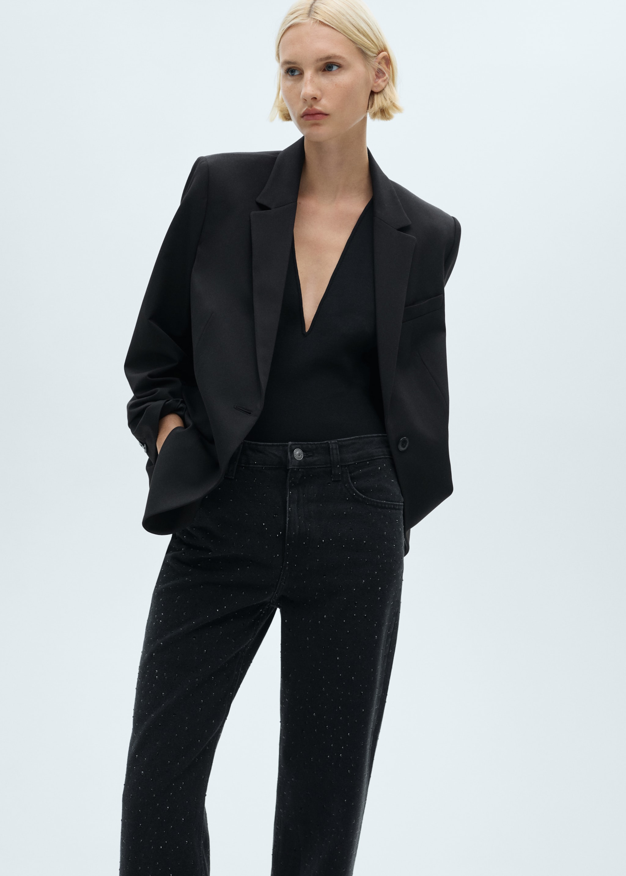 Straight-fit jeans with rhinestone detail - Details of the article 1, Black denim. Ref: 77089066-00.
