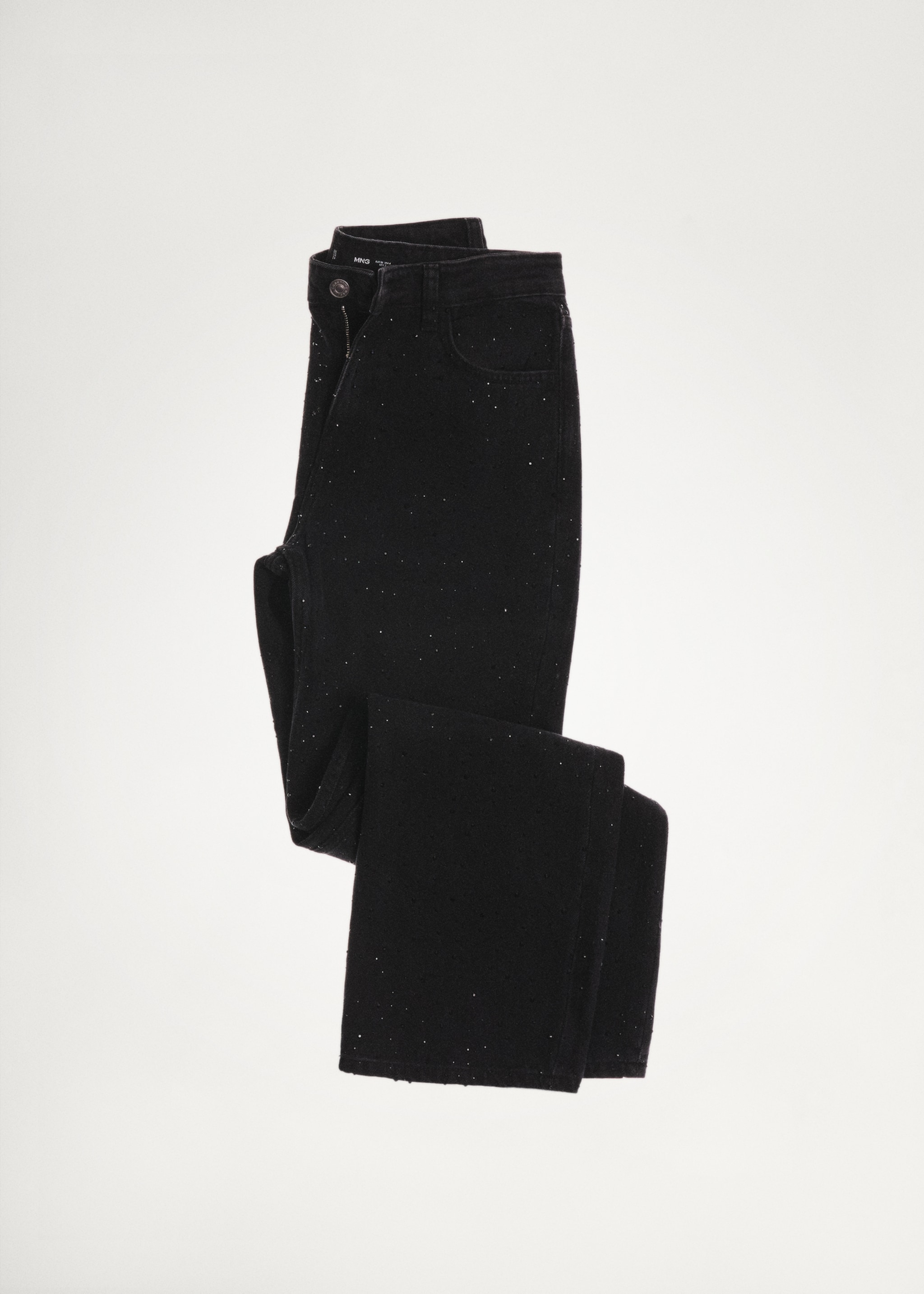 Straight-fit jeans with rhinestone detail - Details of the article 2, Black denim. Ref: 77089066-00.