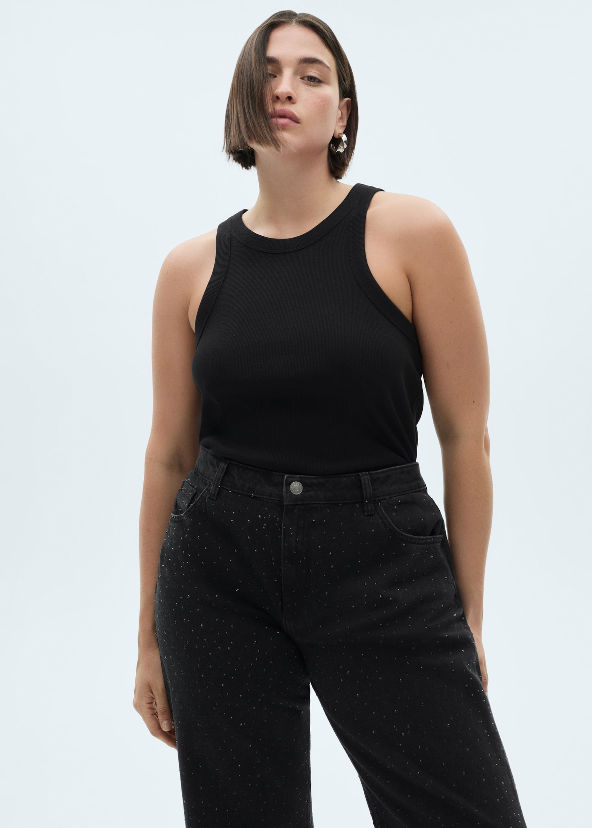 Straight-fit jeans with rhinestone detail - Details of the article 4, Black denim. Ref: 77089066-00.