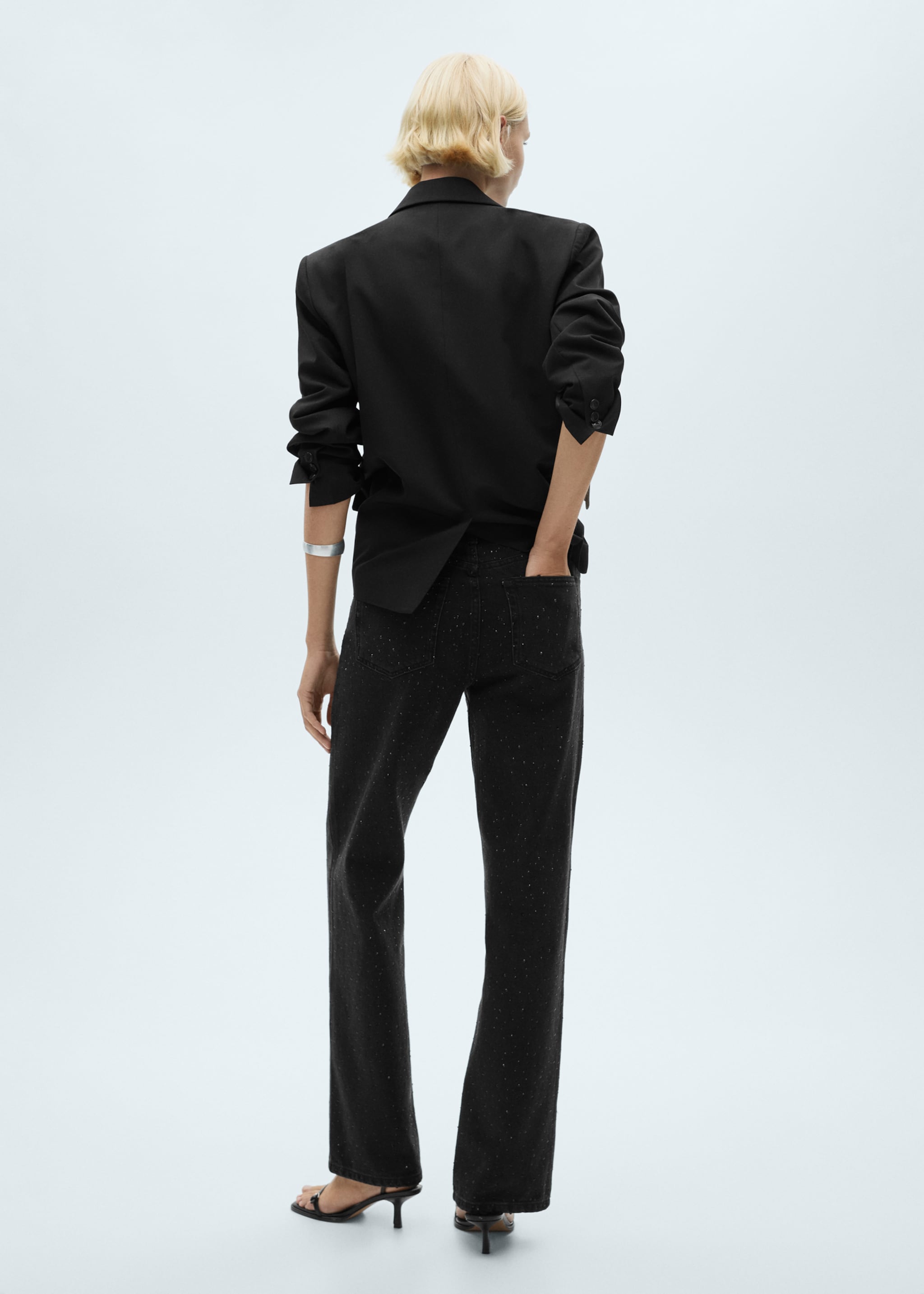 Straight-fit jeans with rhinestone detail - Reverse of the article, Black denim. Ref: 77089066-00.