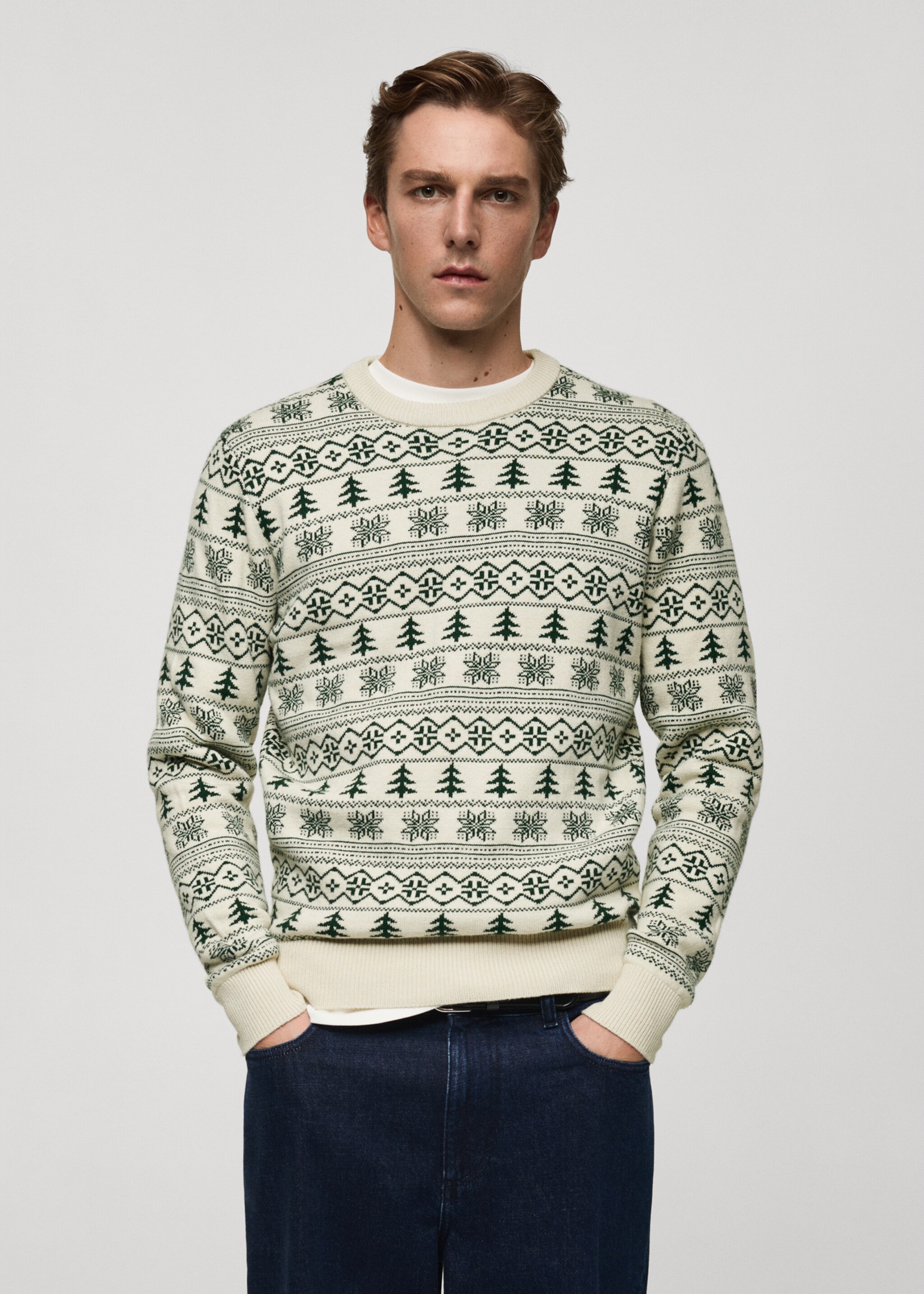 Christmas-print knitted sweater - Medium plane, Off White. Ref: 77089233-00.