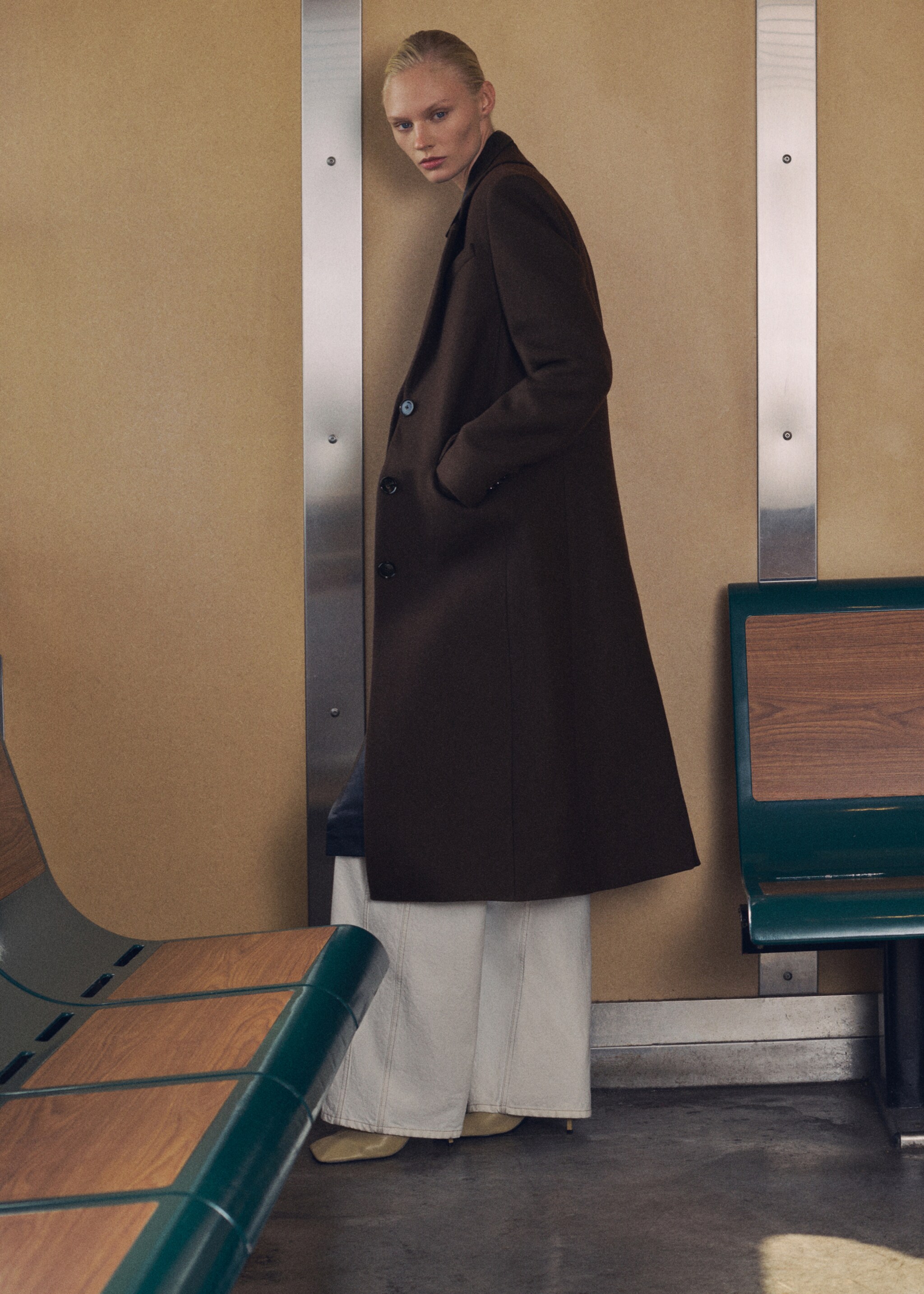 Long structured wool coat - Medium plane, Brown. Ref: 77089244-00.