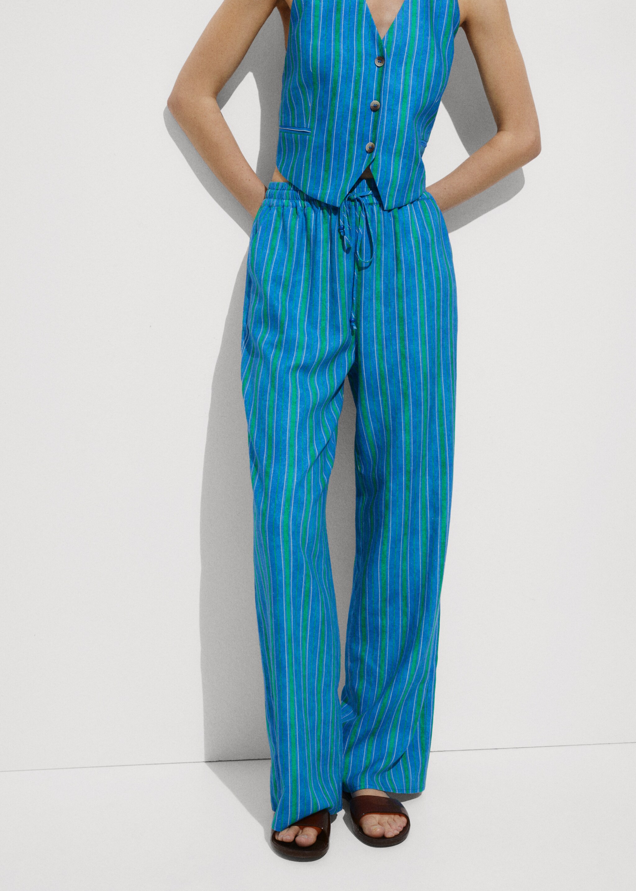 Linen stripe-printed trousers - Medium plane, Blue. Ref: 77090360-00.