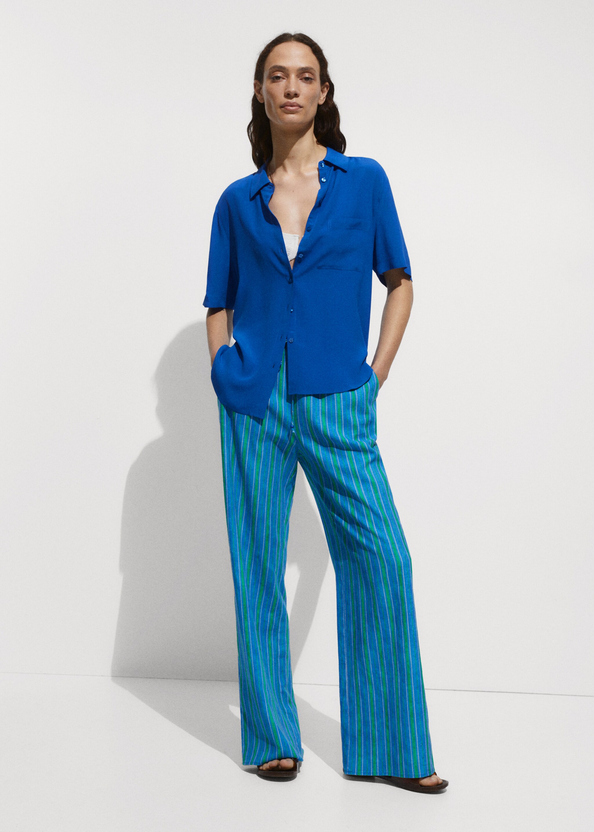 Linen stripe-printed trousers - Details of the article 2, Blue. Ref: 77090360-00.