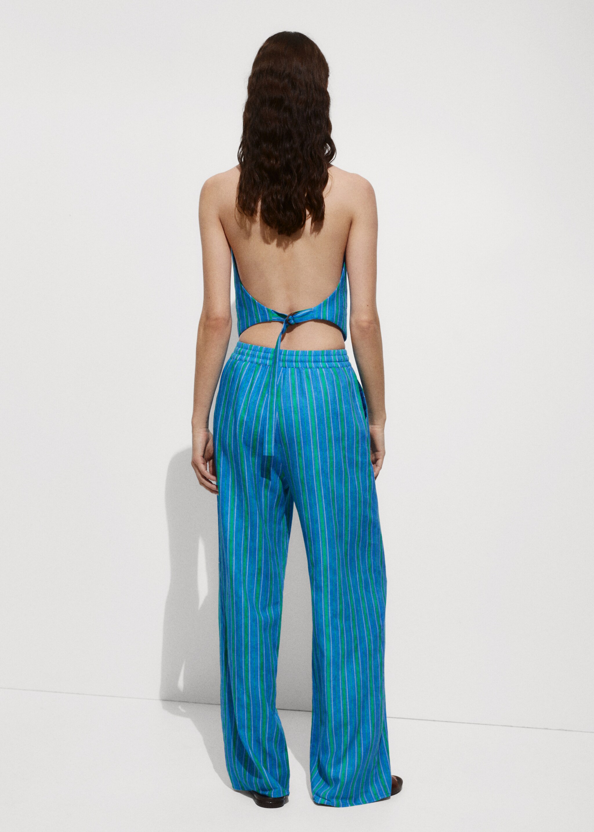 Linen stripe-printed trousers - Reverse of the article, Blue. Ref: 77090360-00.