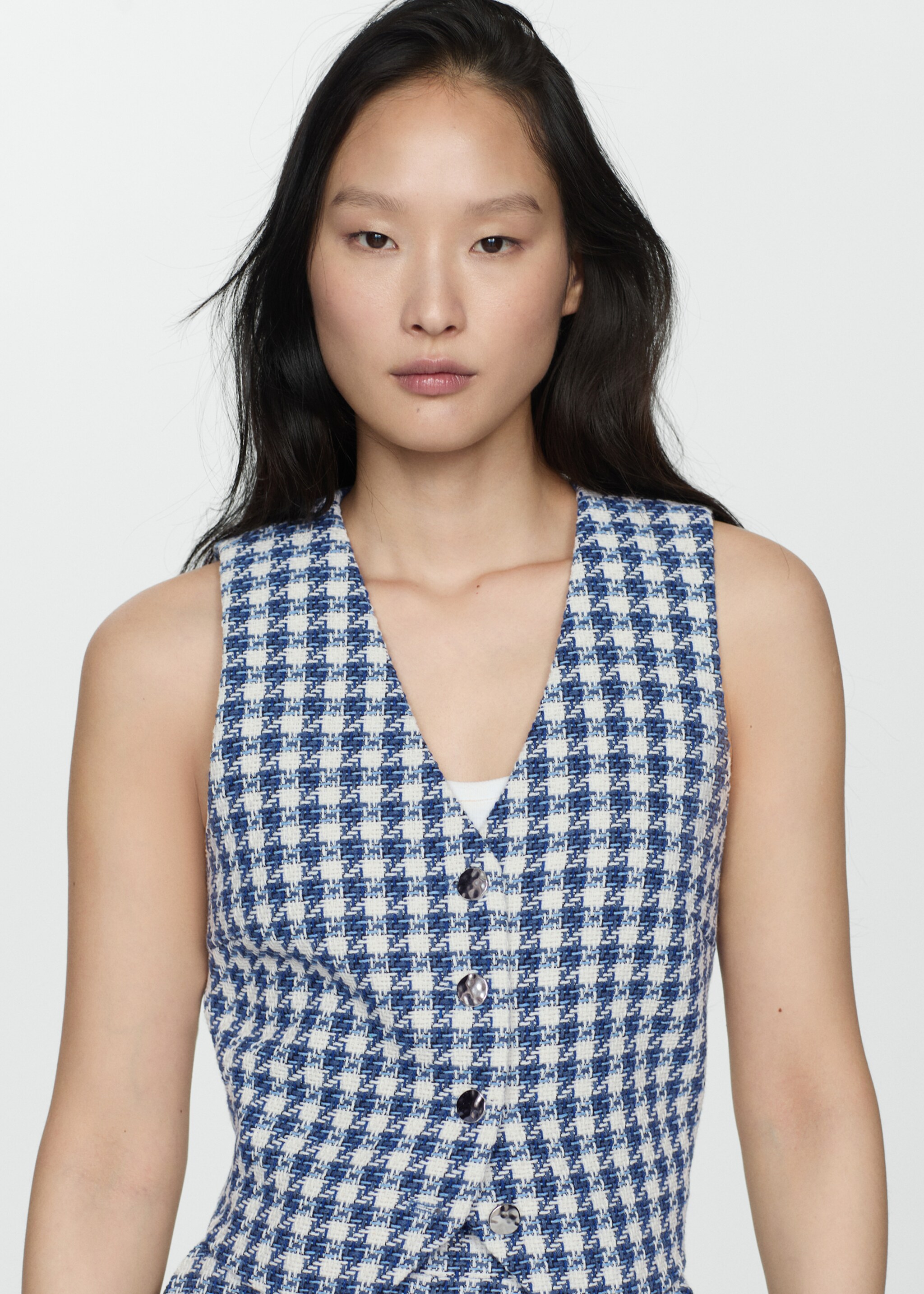 Gilet pied-de-poule - Plan moyen, Bleu. Ref: 77090564-00.