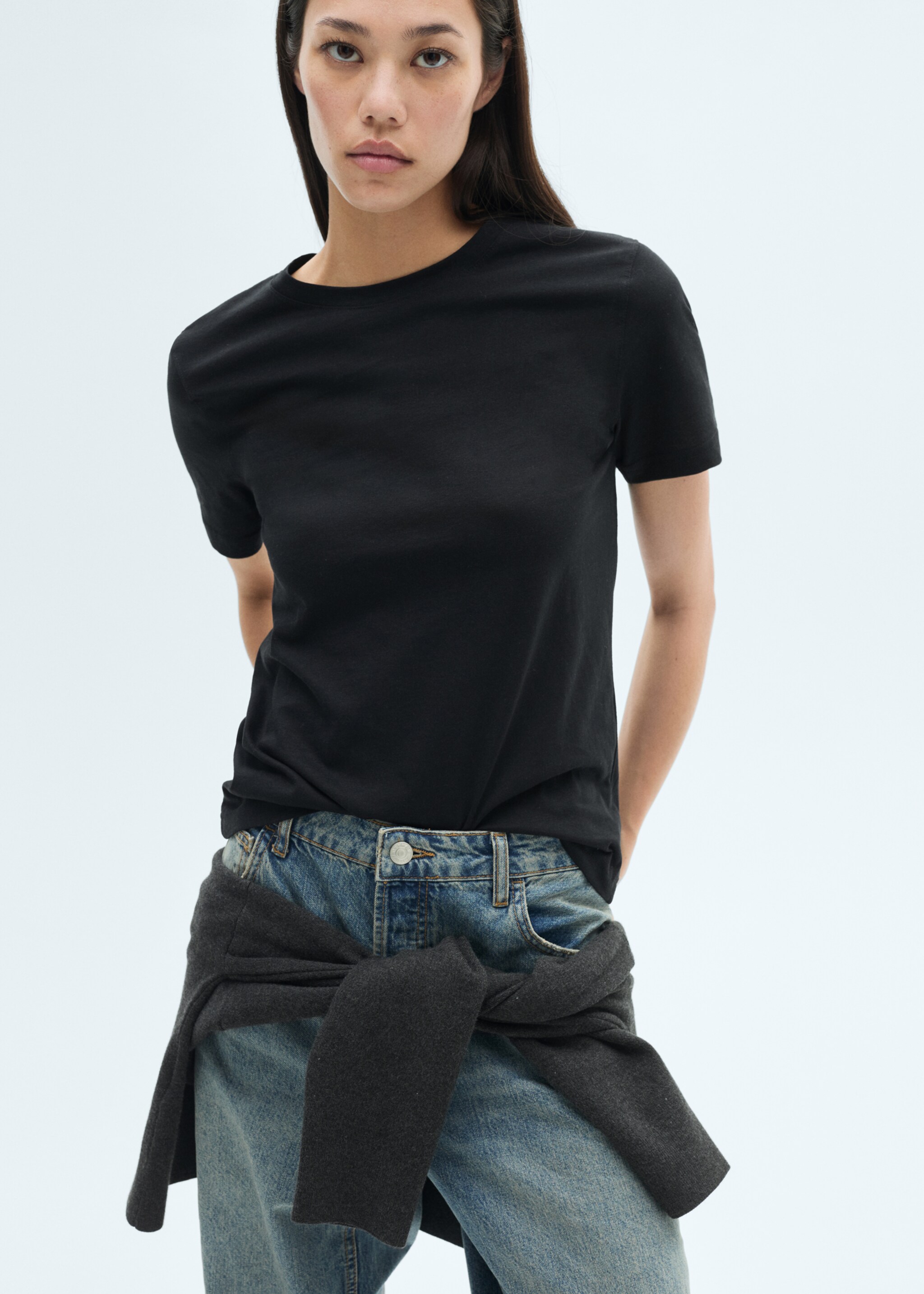Short-sleeved cotton t-shirt - Medium plane, Black. Ref: 77090593-00.