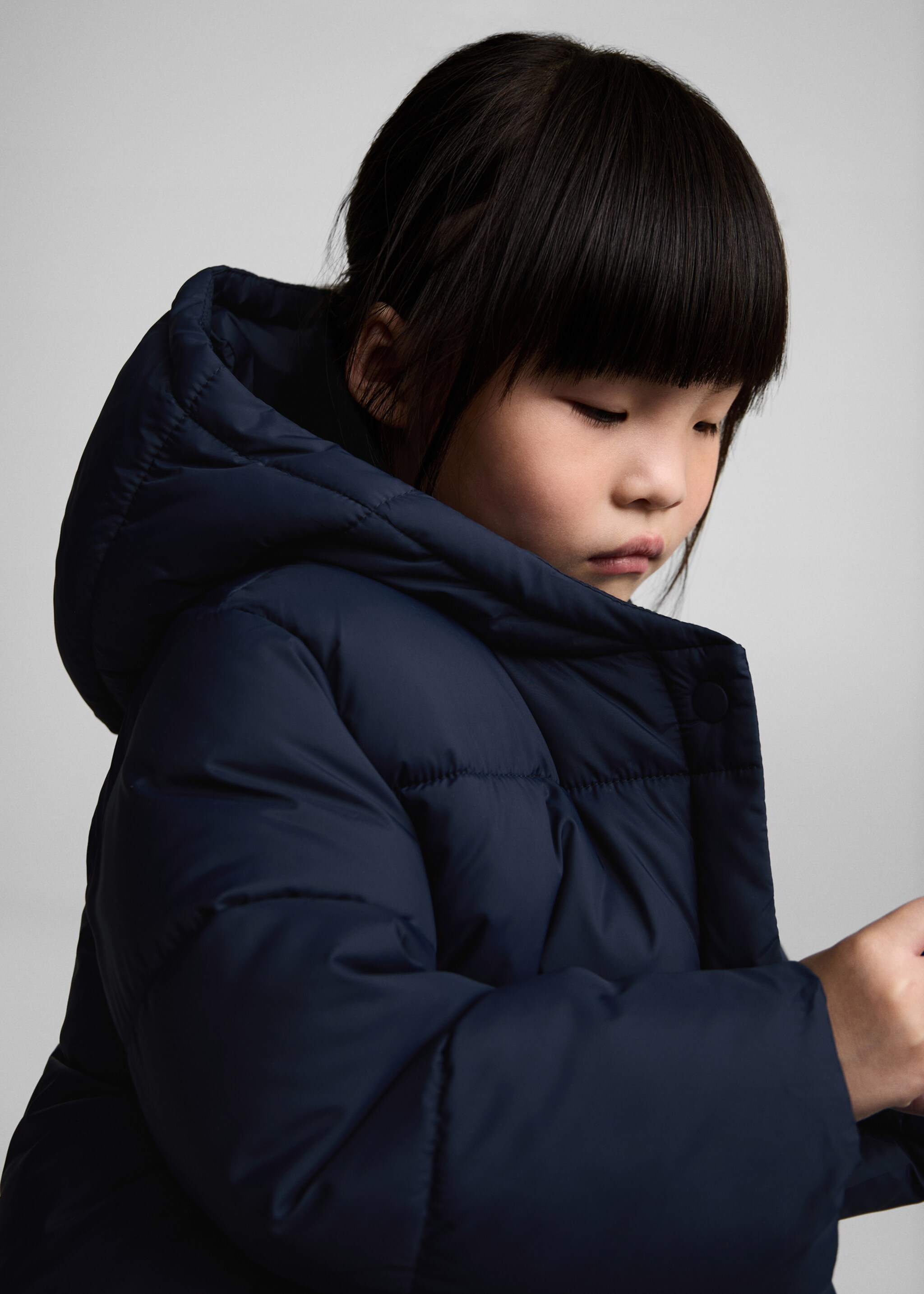 Hood quilted coat - Details of the article 1, Dark Navy. Ref: 77094009-00.