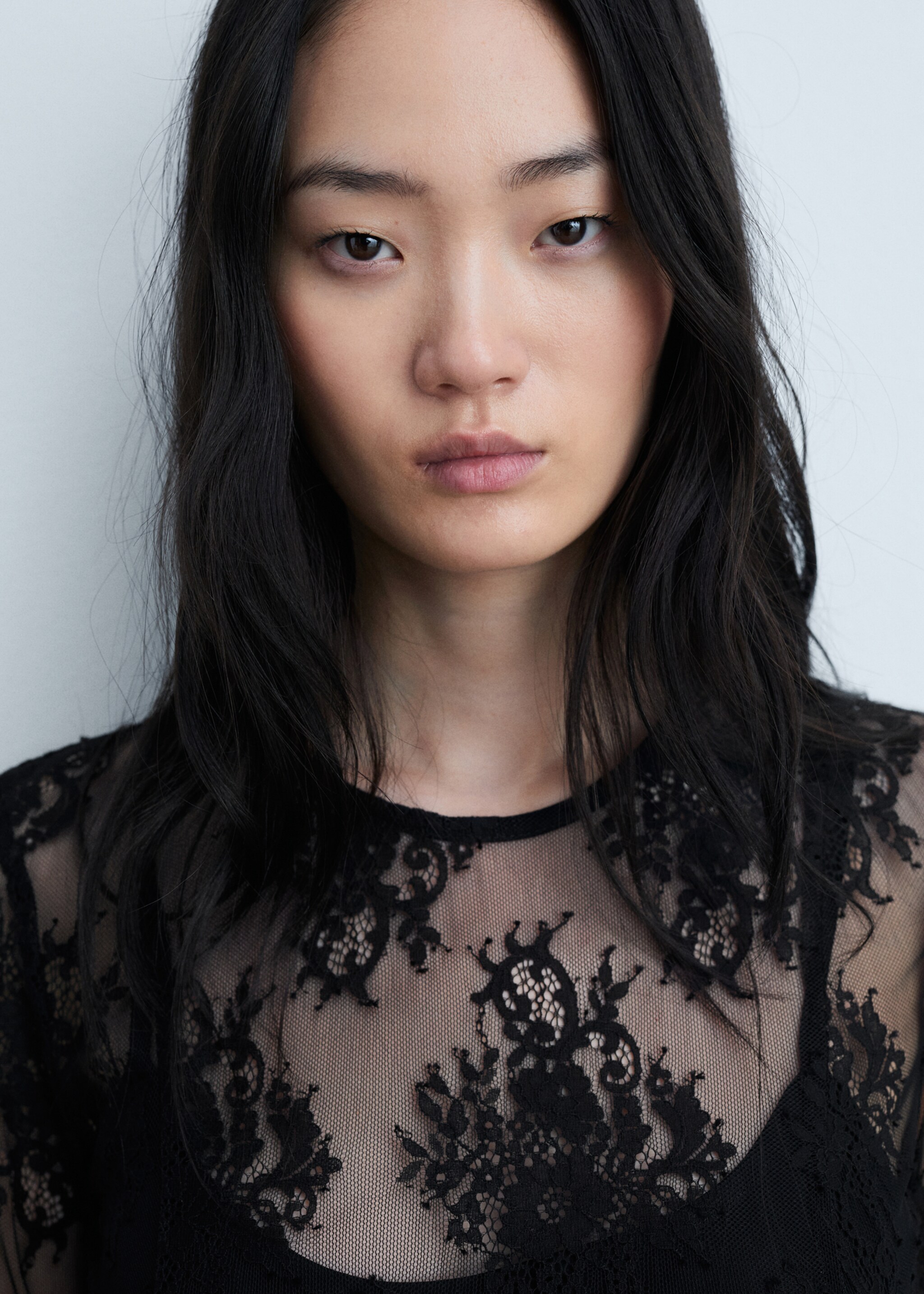 Semi-transparent lace long dress - Details of the article 1, Black. Ref: 77094058-00.