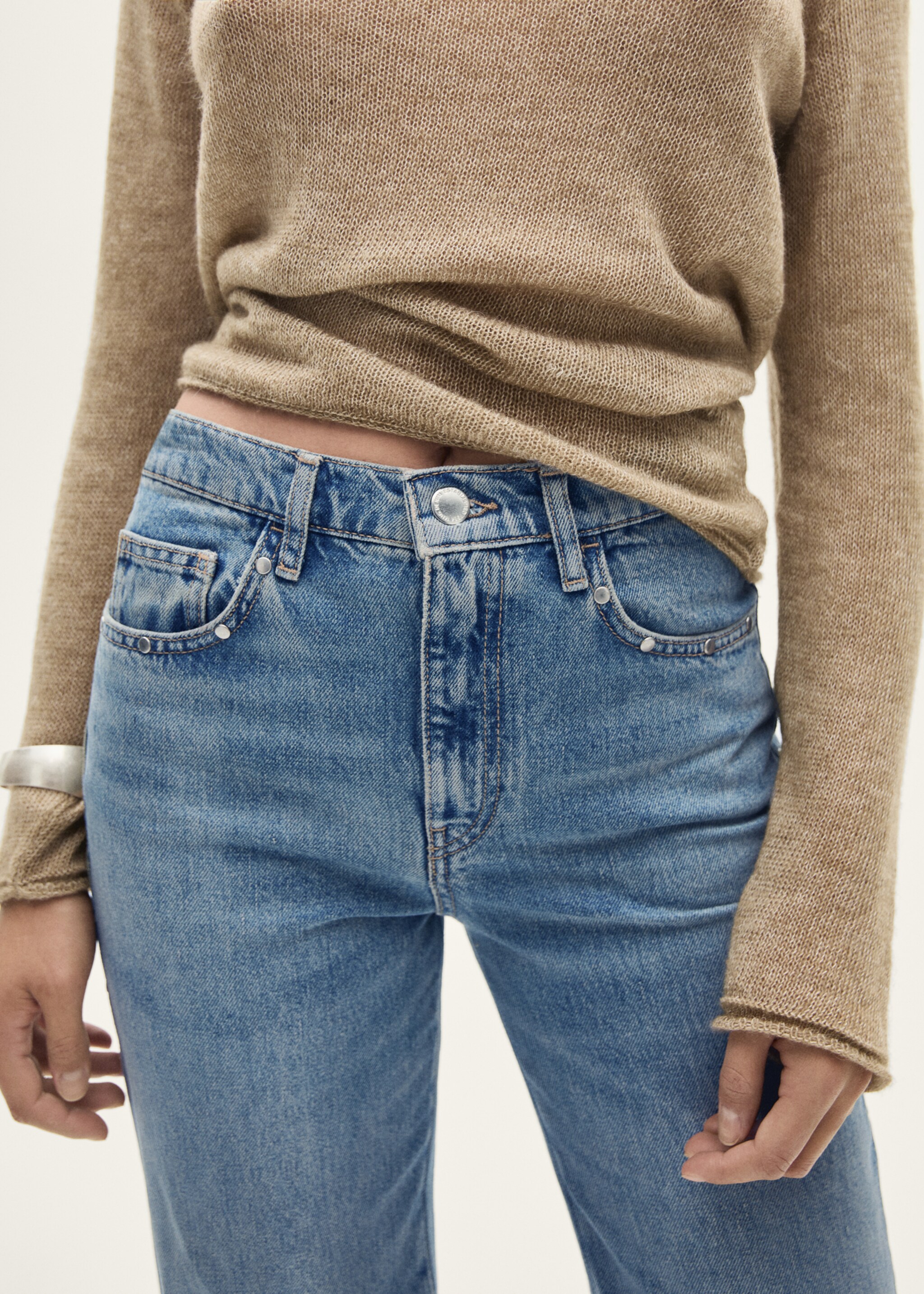 Straight-fit jeans with studs - Details of the article 1, Medium Blue. Ref: 77094072-00.