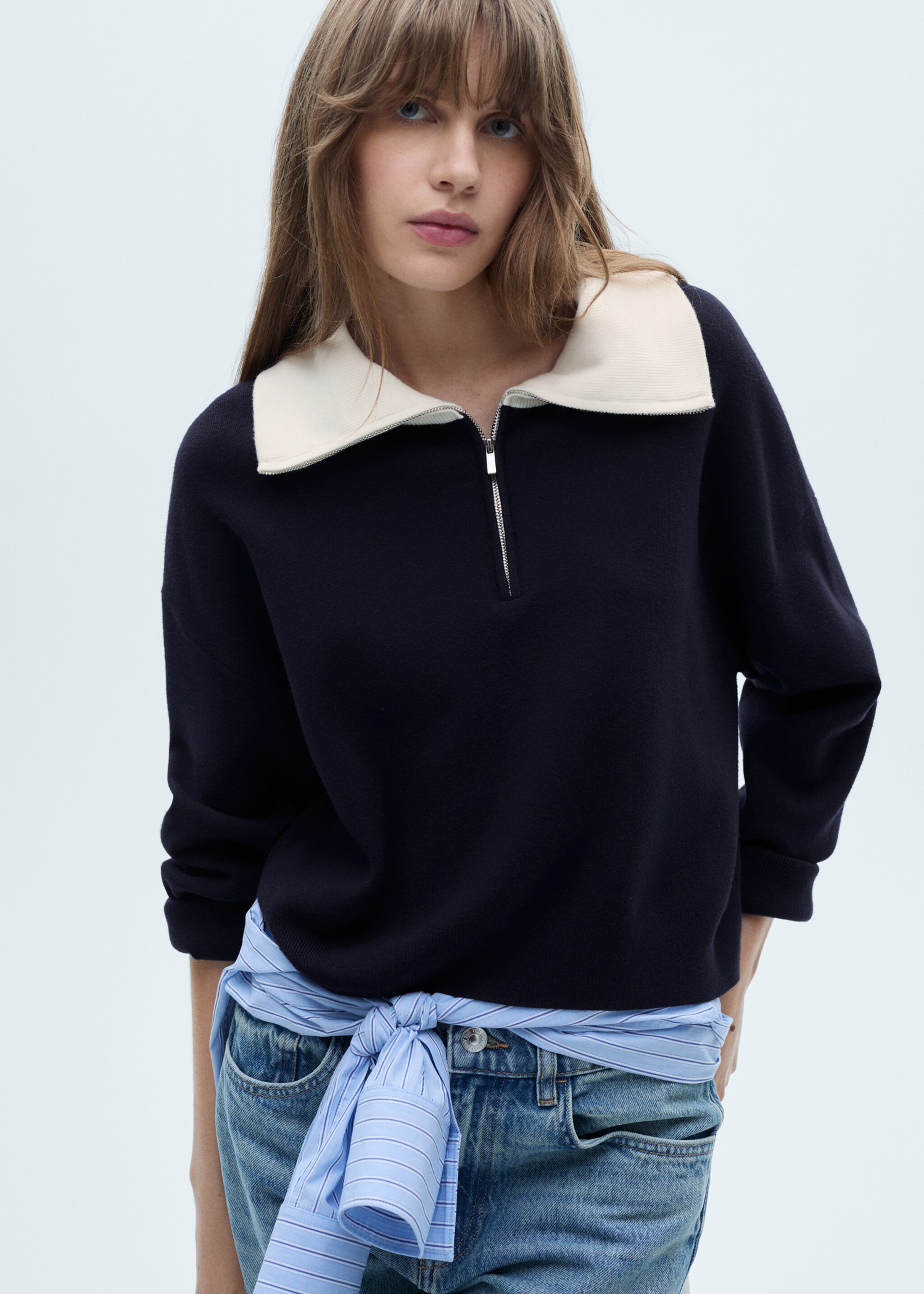 Sweater with contrasting collar - Medium plane, Dark Navy. Ref: 77094760-00.