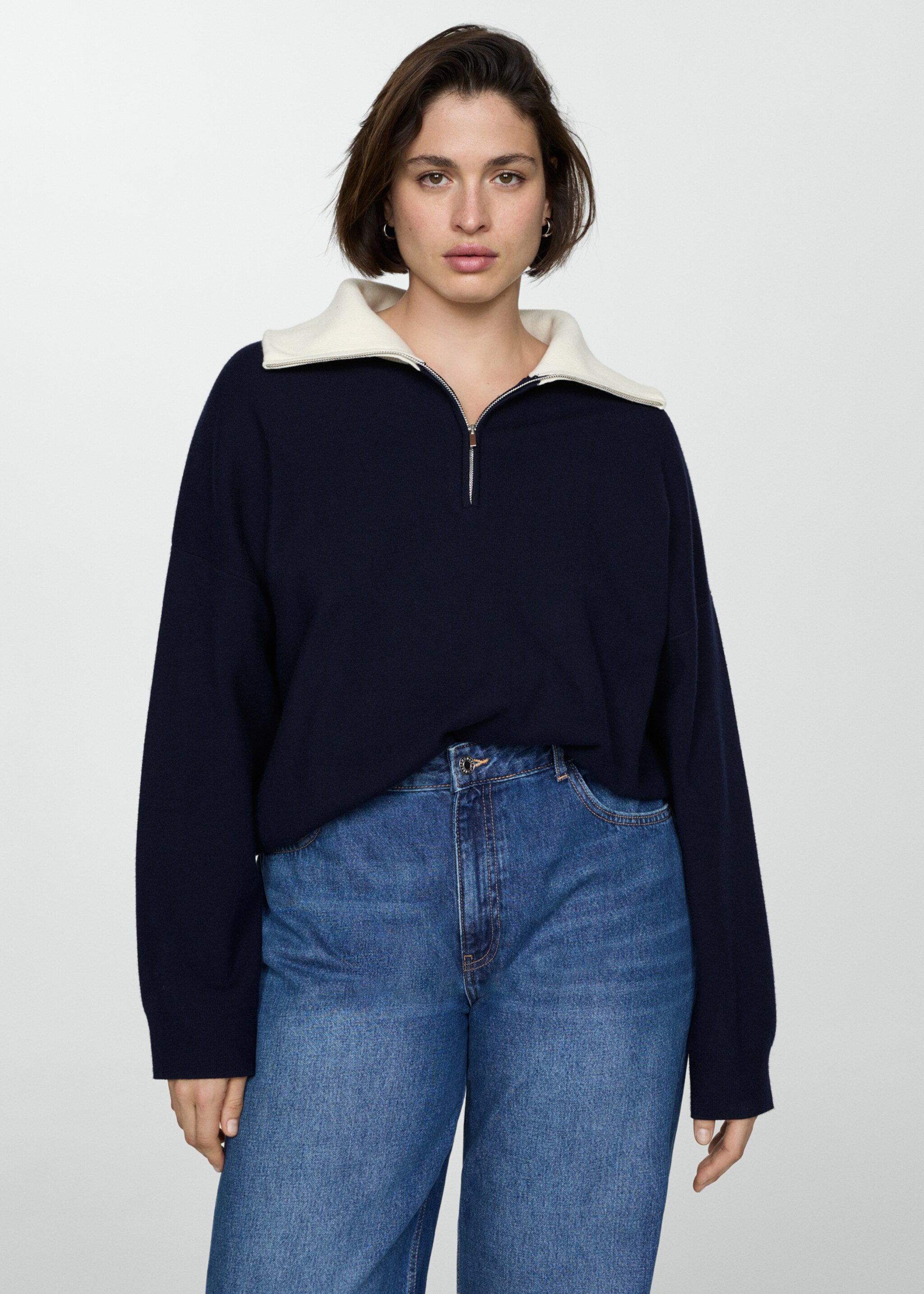 Sweater with contrasting collar - Details of the article 5, Dark Navy. Ref: 77094760-00.