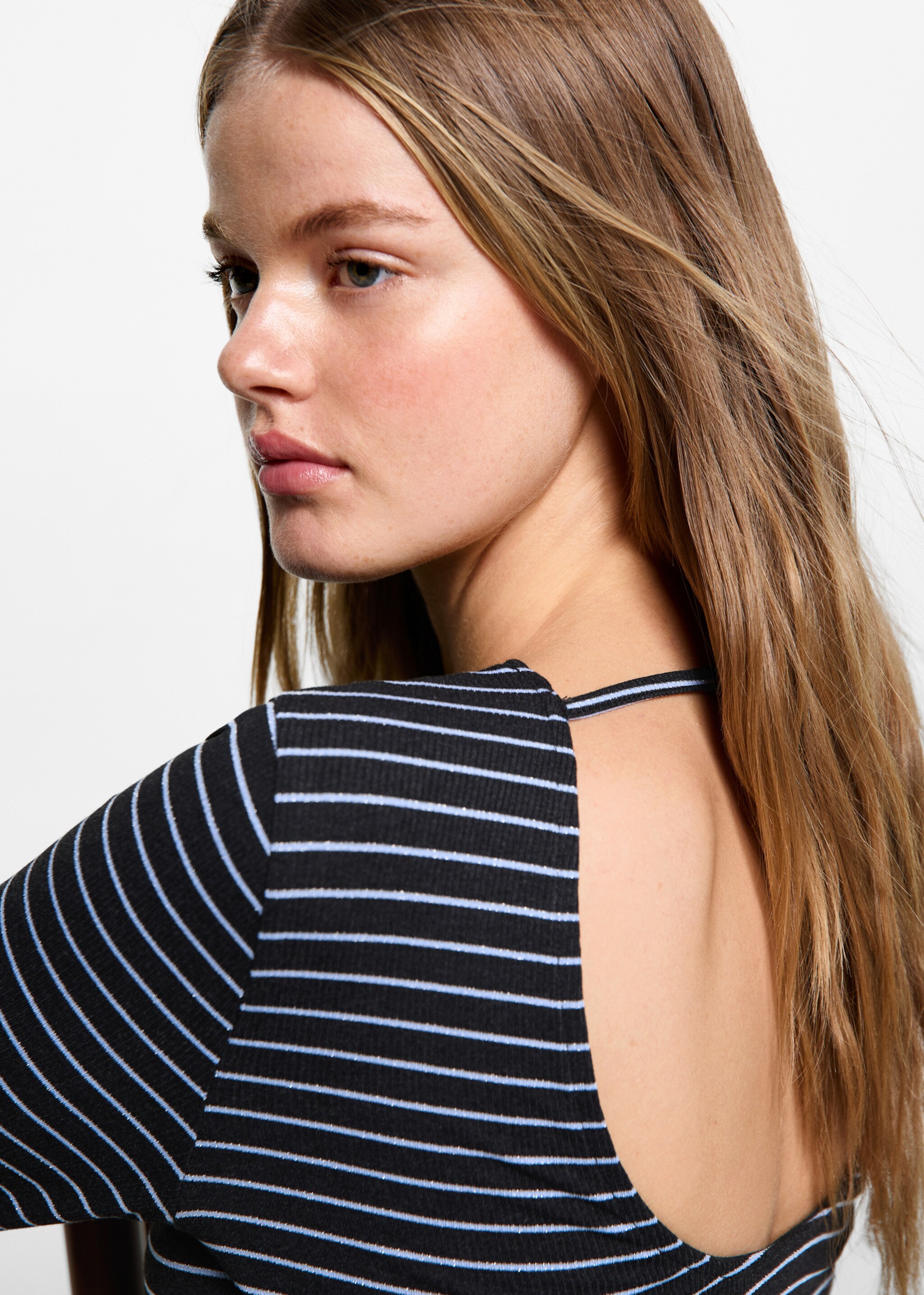 Striped dress with lurex opening - Details of the article 1, Grey. Ref: 77094782-00.