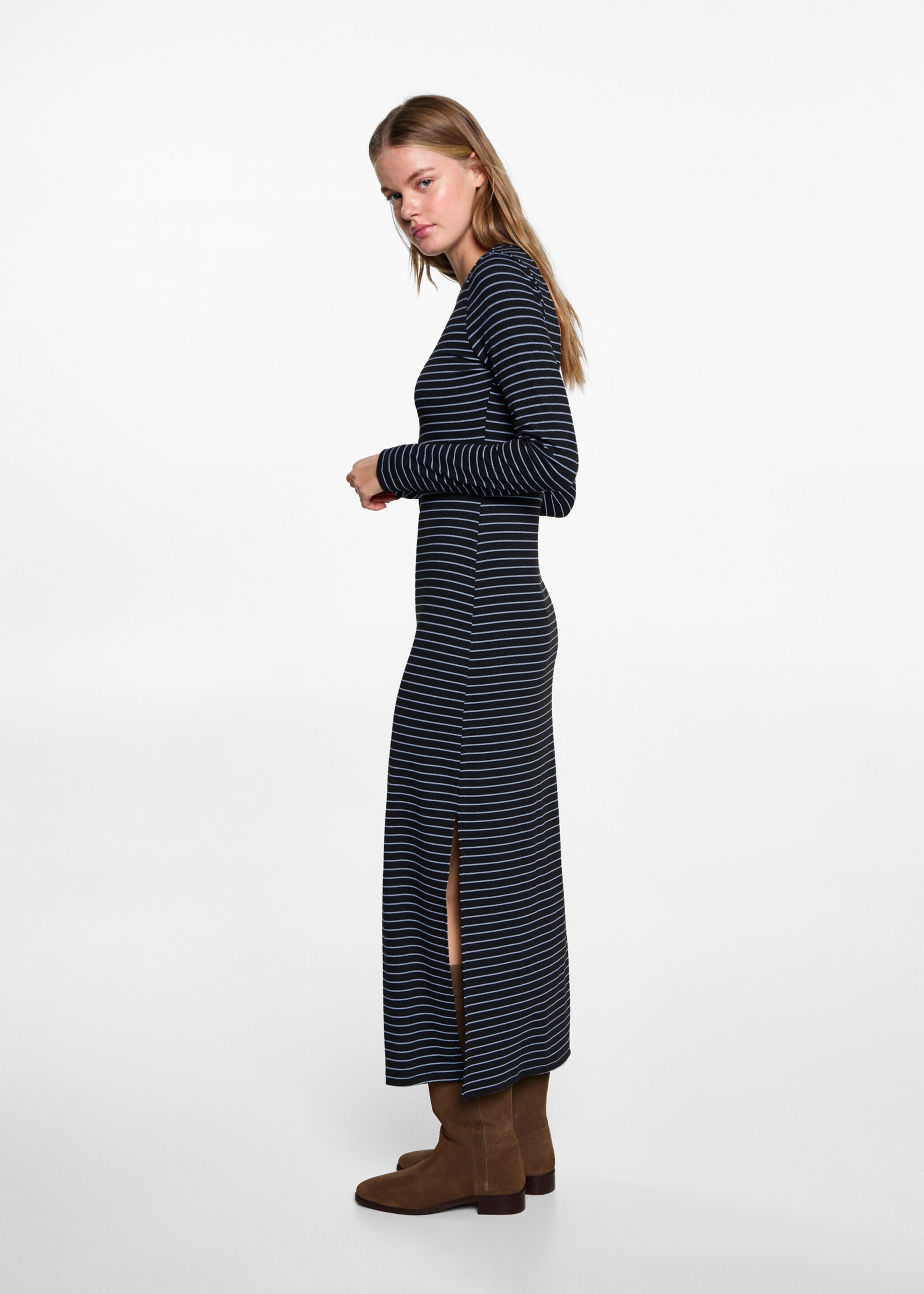 Striped dress with lurex opening - Details of the article 2, Grey. Ref: 77094782-00.