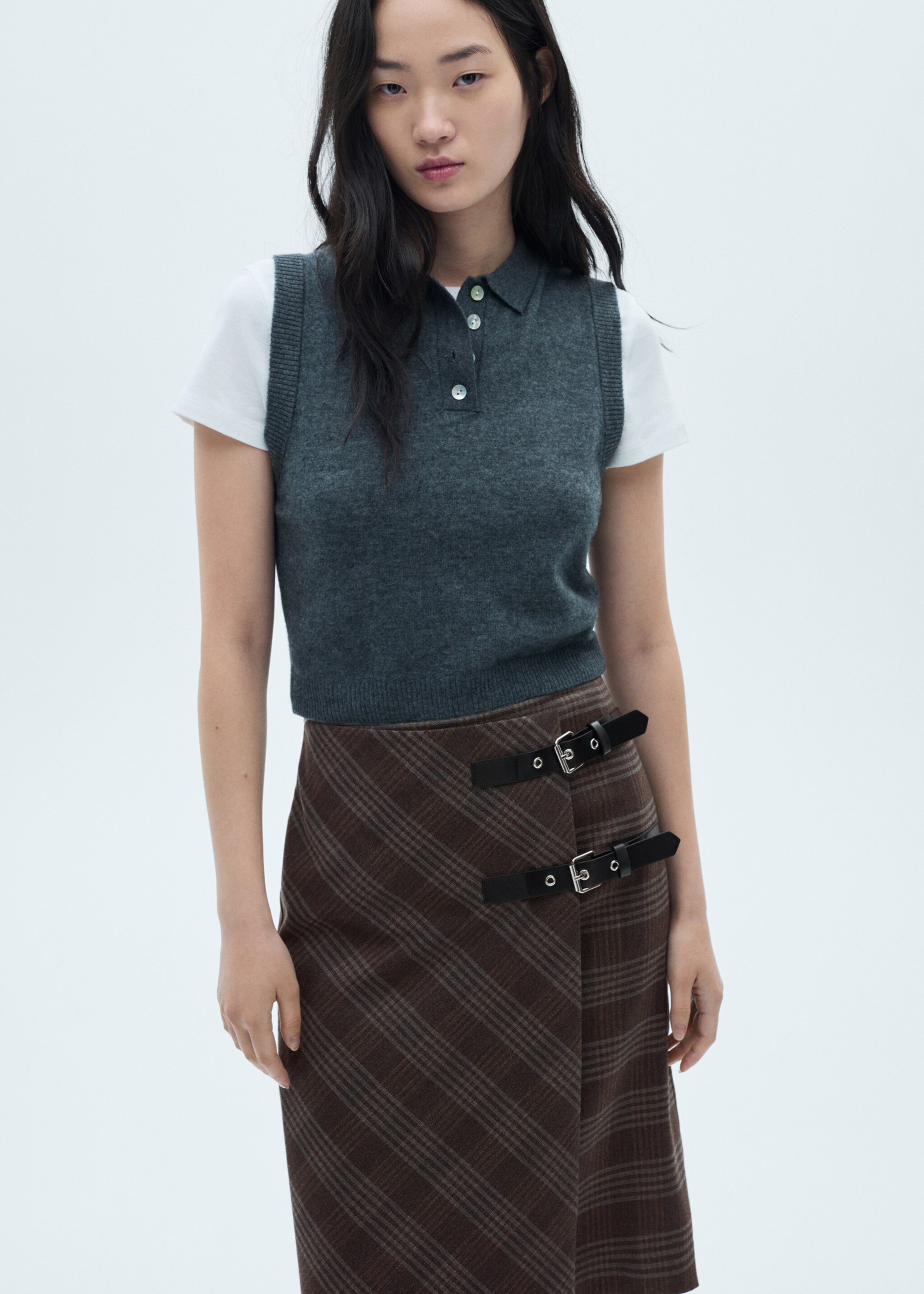 Geruite rok met dubbele riem - Middenvlak, Grijs. Ref: 77095651-00.