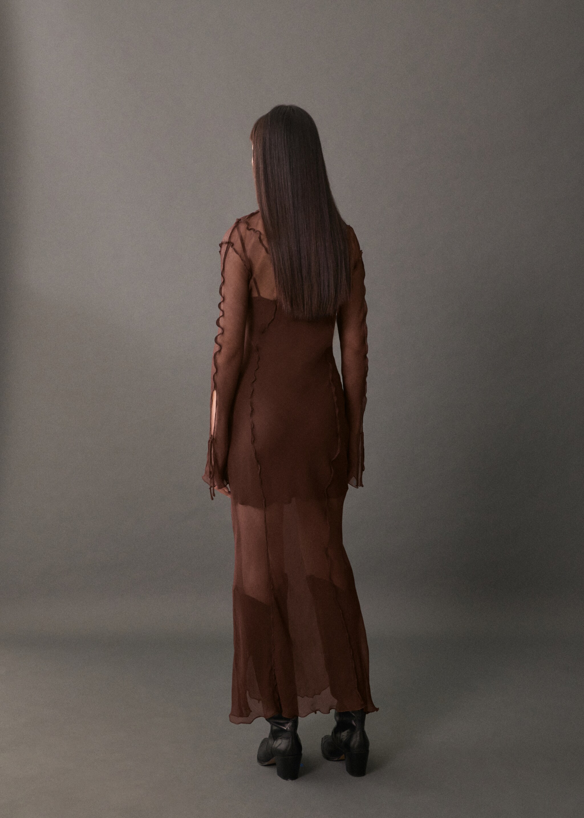 Vestido gasa evasé - Reverse of the article, Brown. Ref: 77095652-00.