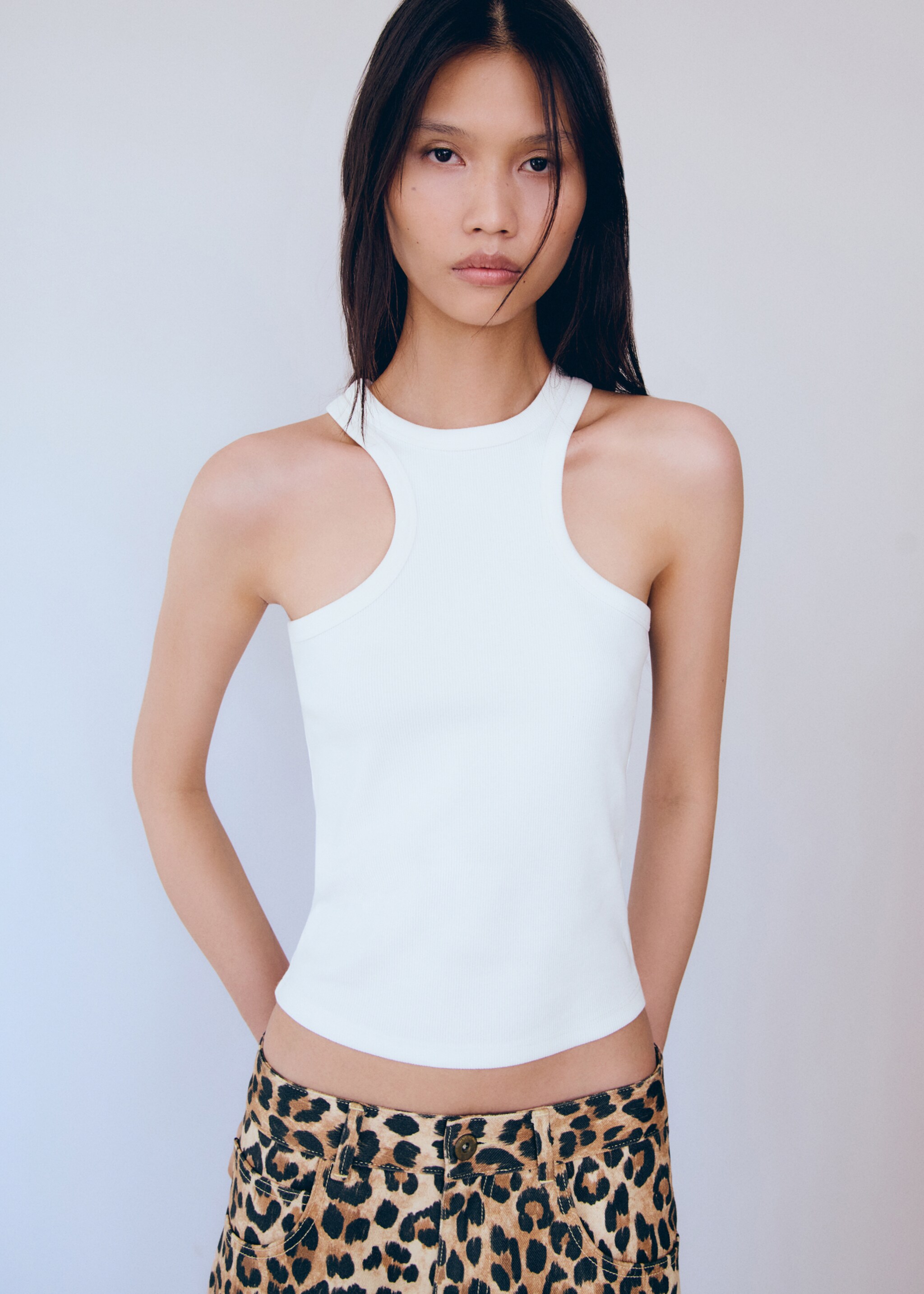 Ribbed cotton-blend top - Medium plane, White. Ref: 77096347-00.