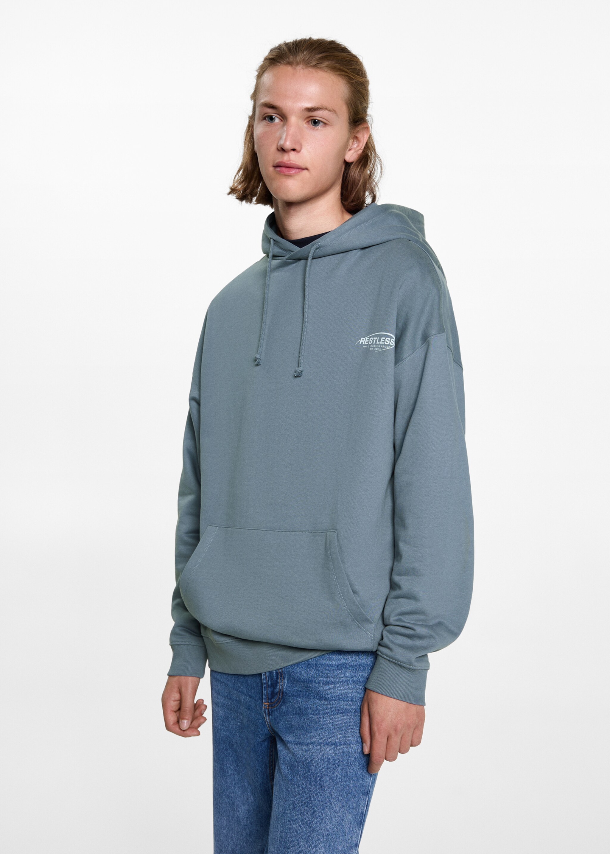 Sudadera estampada capucha - Plano medio, Azul. Ref: 77096349-00.
