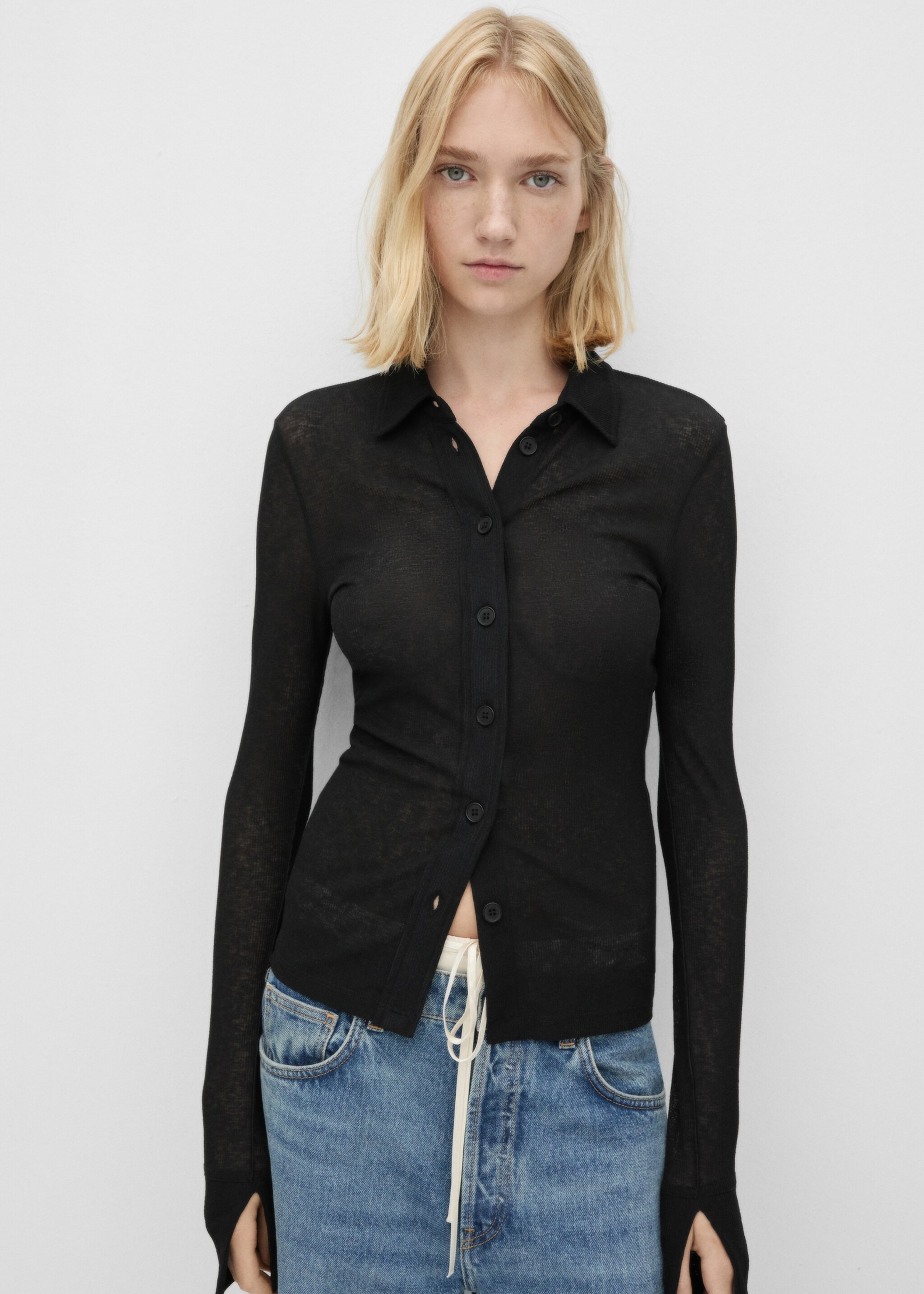 Long-sleeved fitted shirt - Medium plane, Black. Ref: 77096751-00.